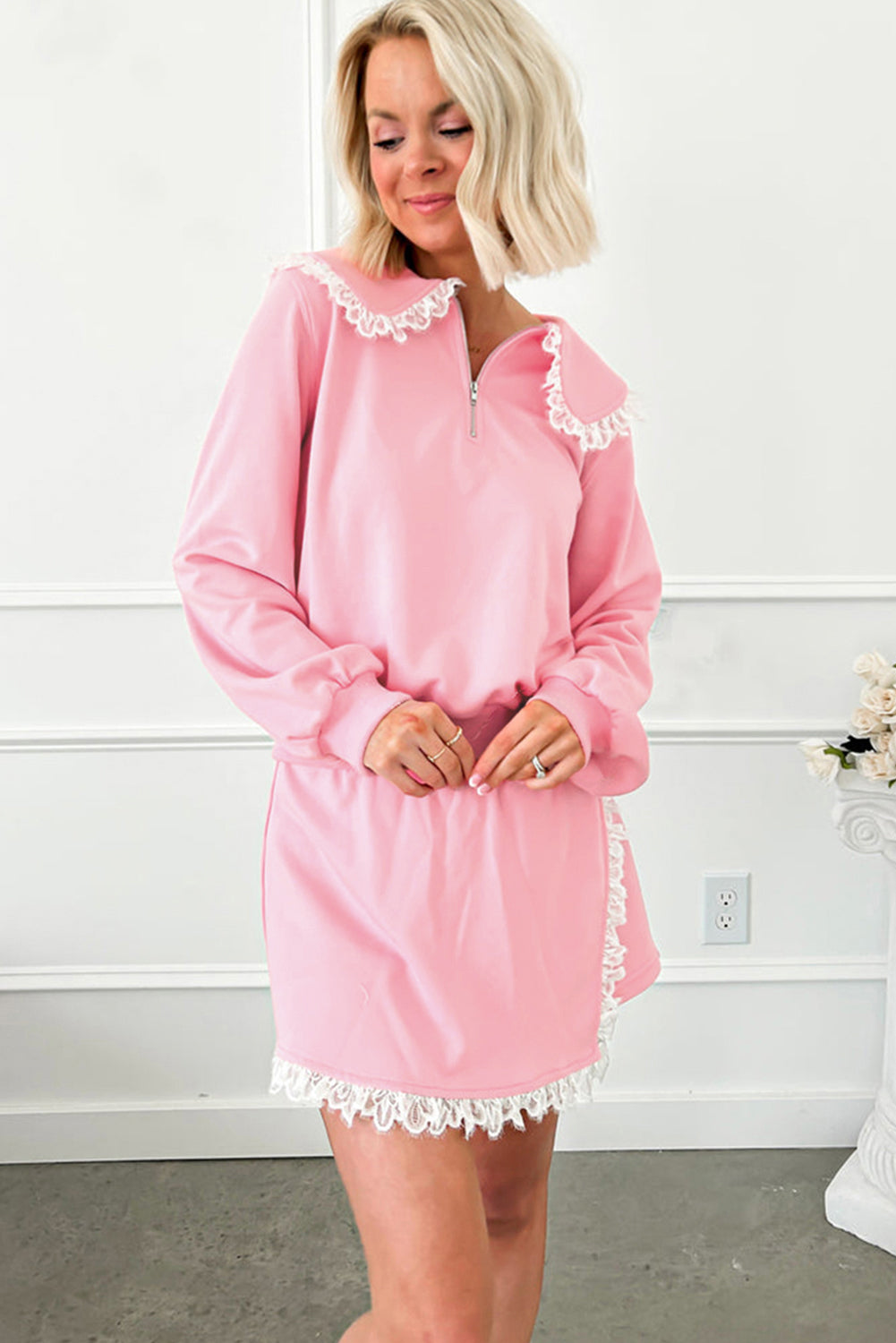 Pink Lace Embellished Peter Pan Collar Sweatshirt and Skort Two Piece Set