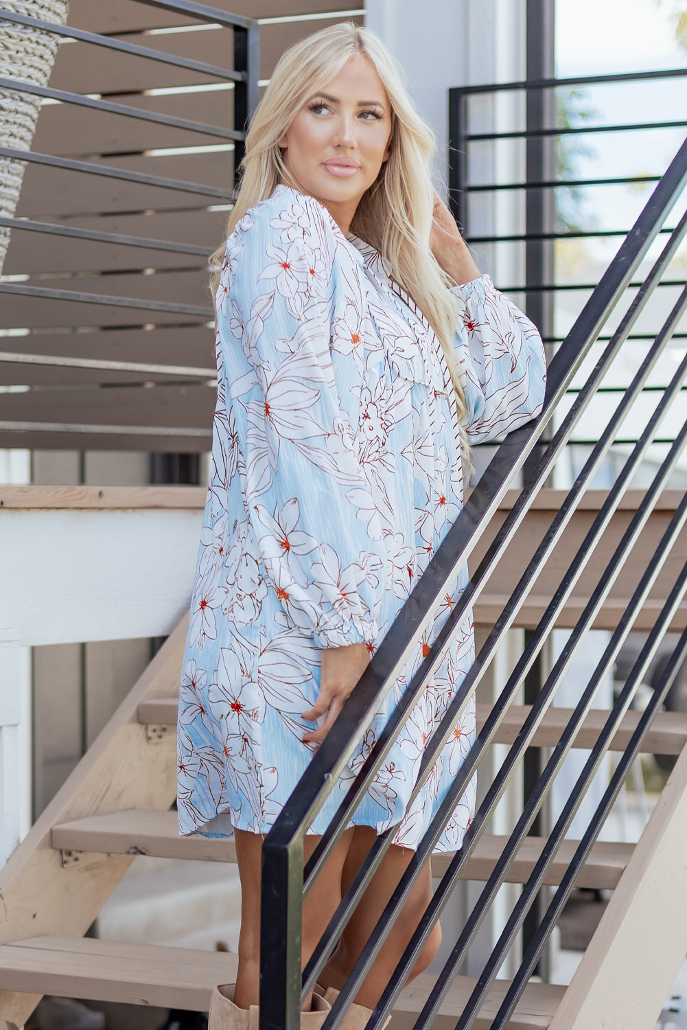 Brown Floral Print Tie Neck 3/4 Sleeve Mini Dress