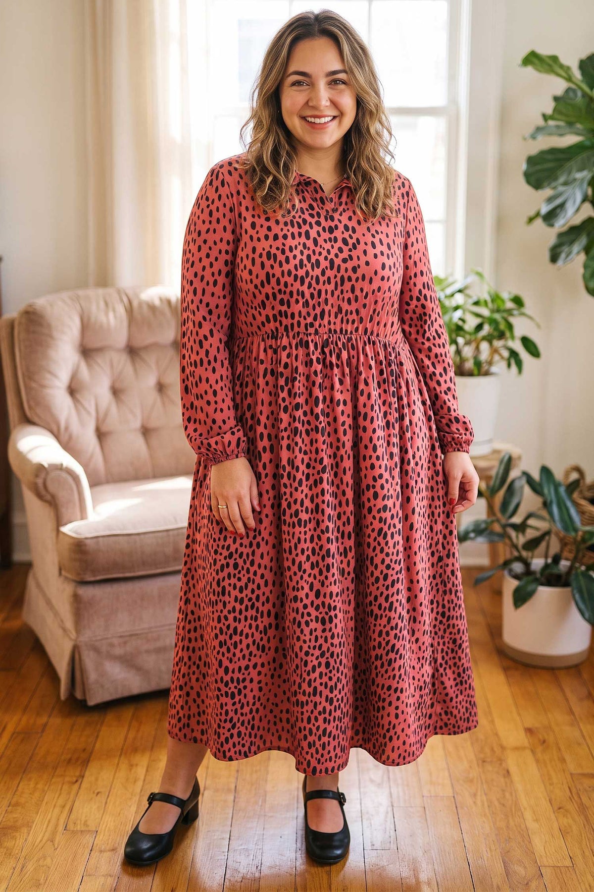 Red Leopard Print Long-Sleeve V-Neck Plus Size Midi Dress