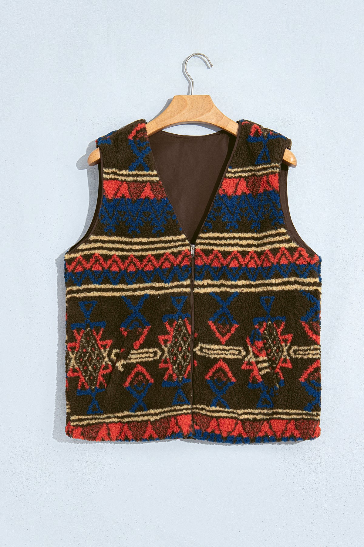 Multicolour Western Faux Fur Metal Zipper Insert Pockets Sleeveless Vest