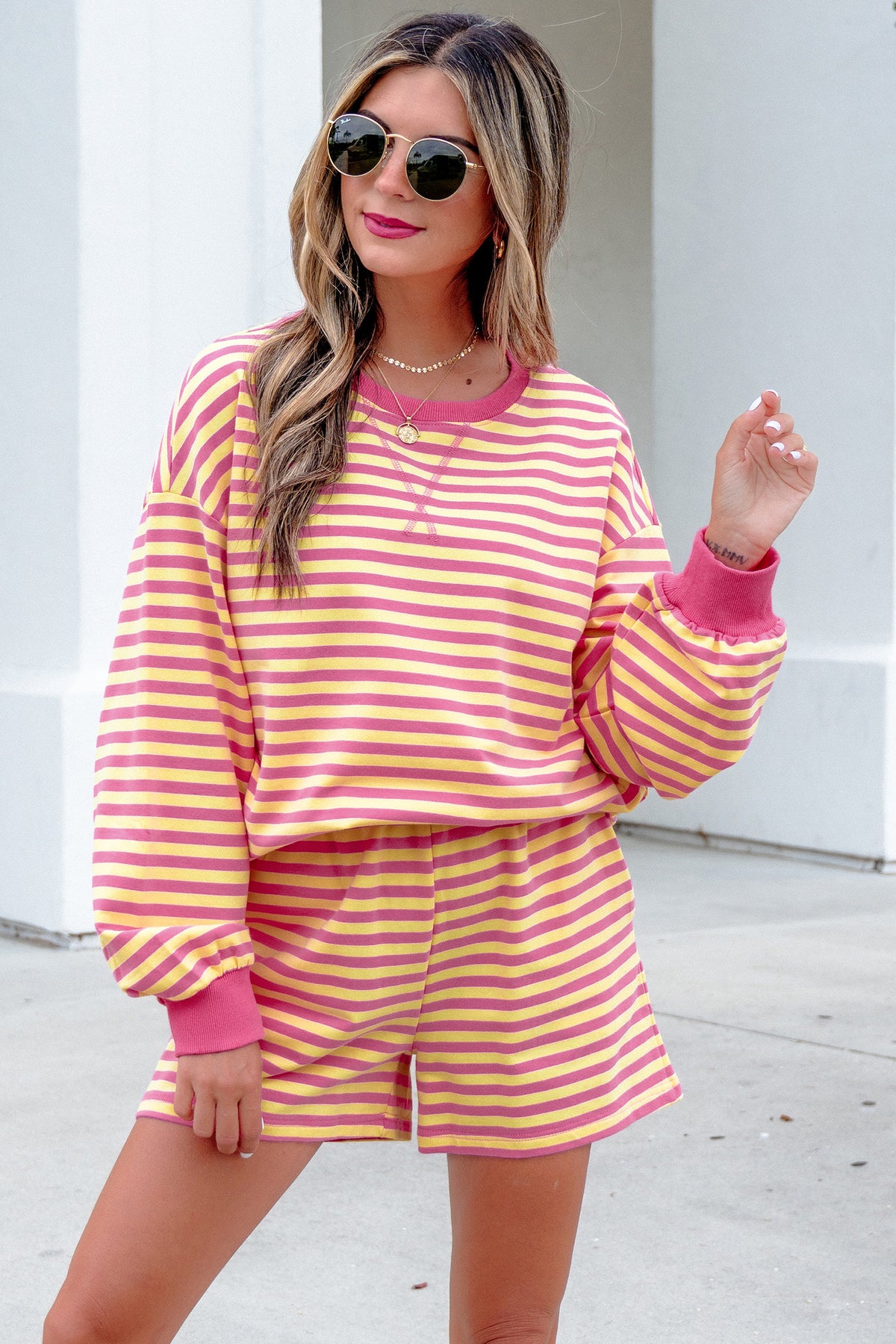 Women's Yellow Stripe Color Block Trim Round Neck Long-Sleeve Top Casual Shorts Two-Piece Set