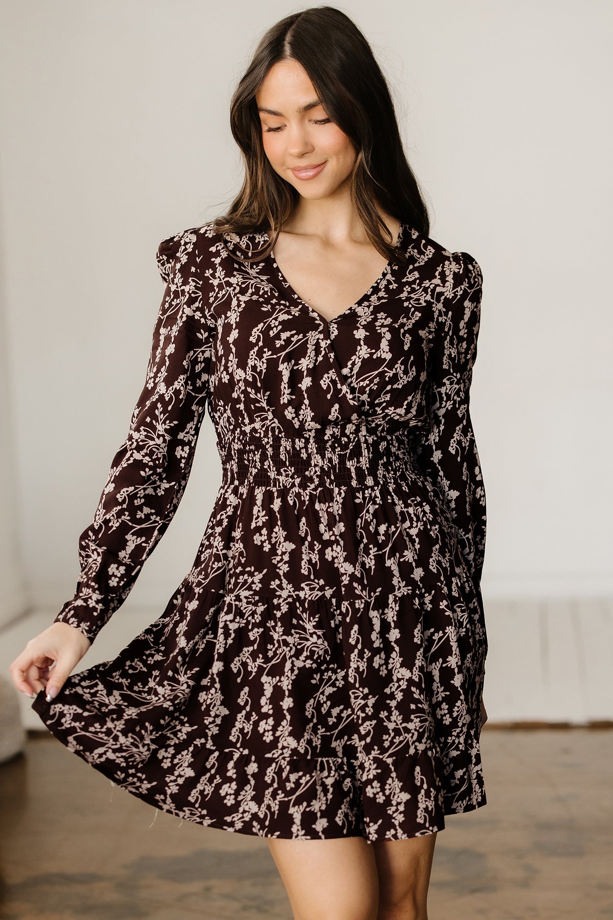 Brown Ditsy Floral Split Neck Shirred Waist Flared Mini Dress