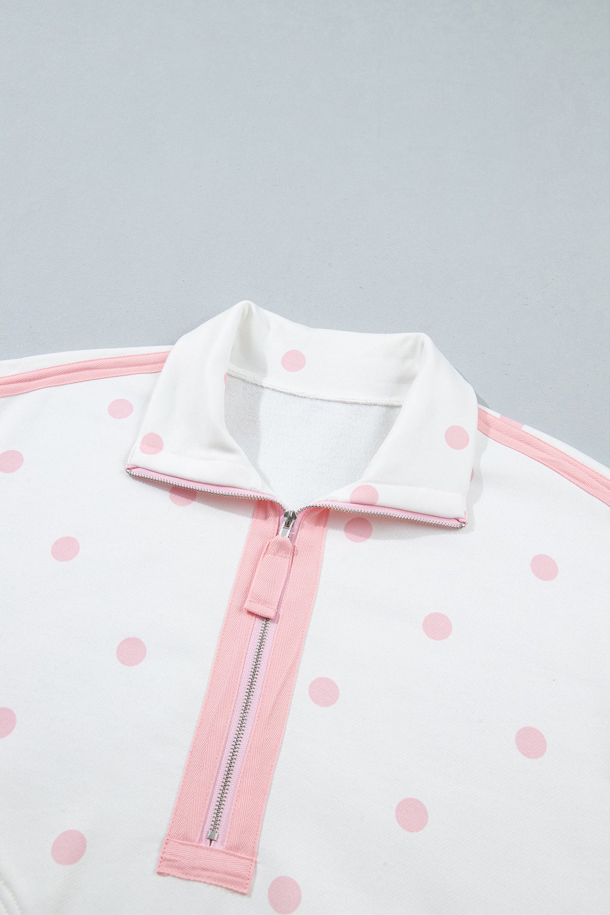Pink Polka Dot Half Zip Drop Shoulder Sweatshirt