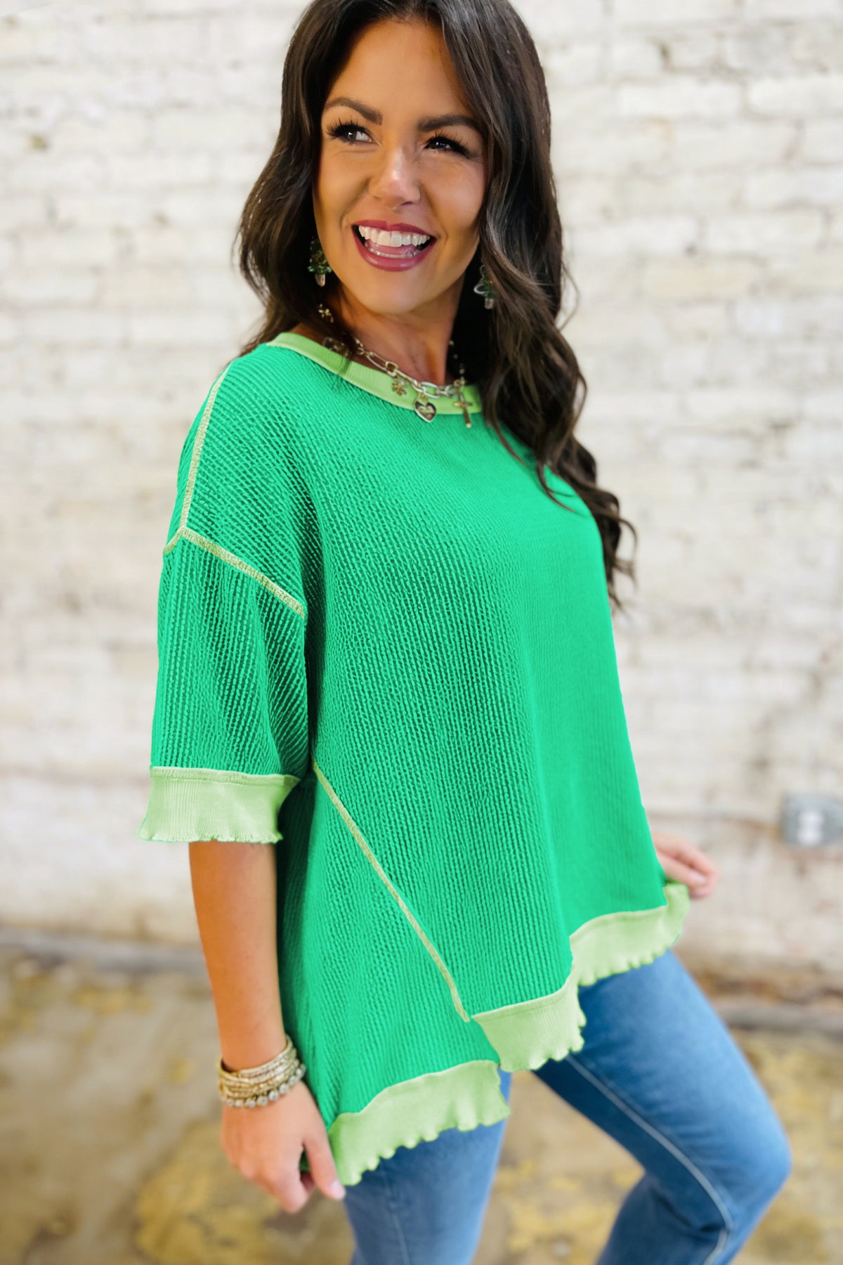 Mint Green Loose Uneven Hem Twist Ribbed T Shirt