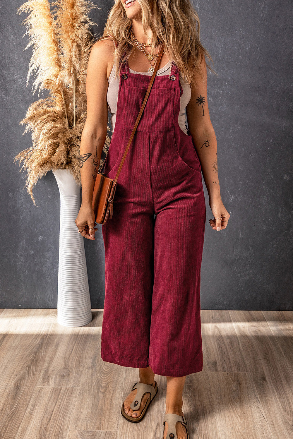 Brown Solid Corduroy Wide Leg Bib Overalls