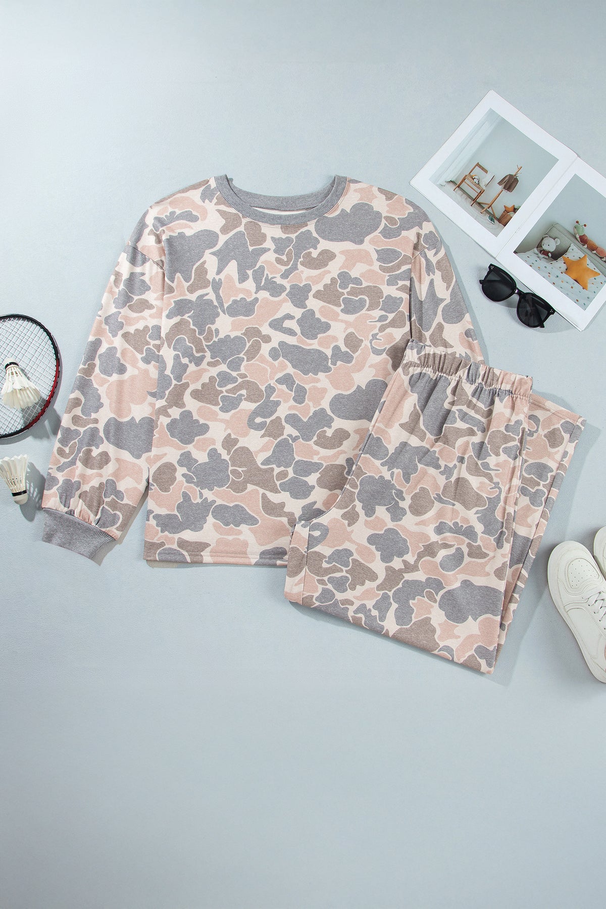 Multicolour Camouflage Long-Sleeve Round-Neck Two-Piece Plus Size Set