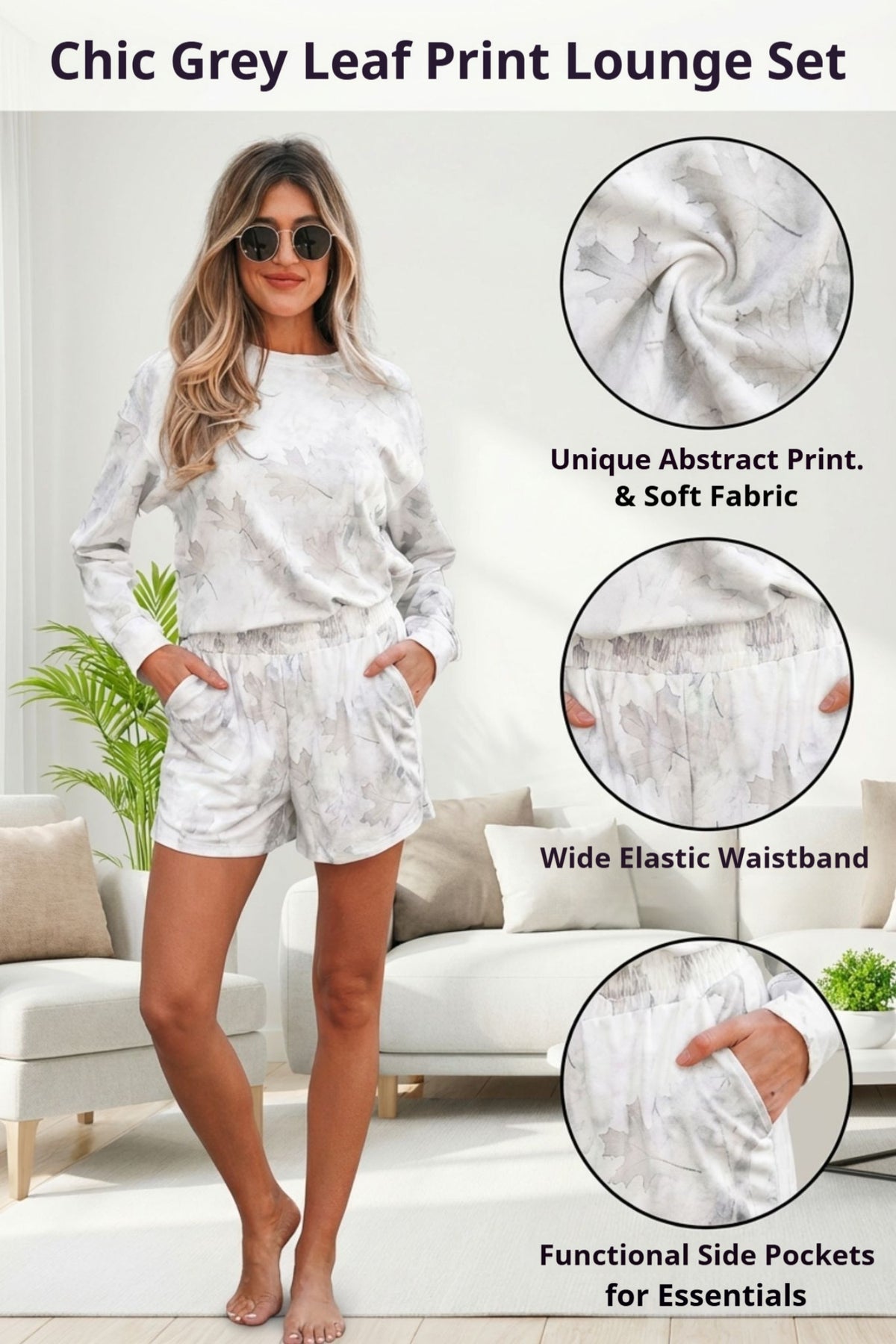 Women's Beige Maple Camo Print Pullover Top & Shorts Two-Piece Set