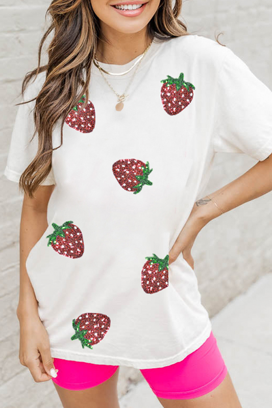 White Sequin Strawberry Patched Crew Neck T-Shirt