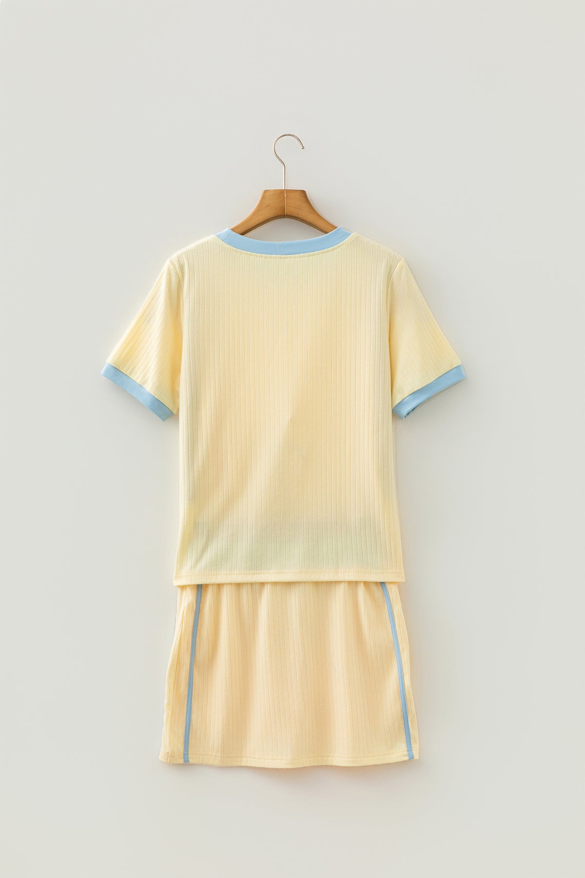 Women's Yellow Ribbed Knit Color Block Trim Tee and Drawstring Skort Set