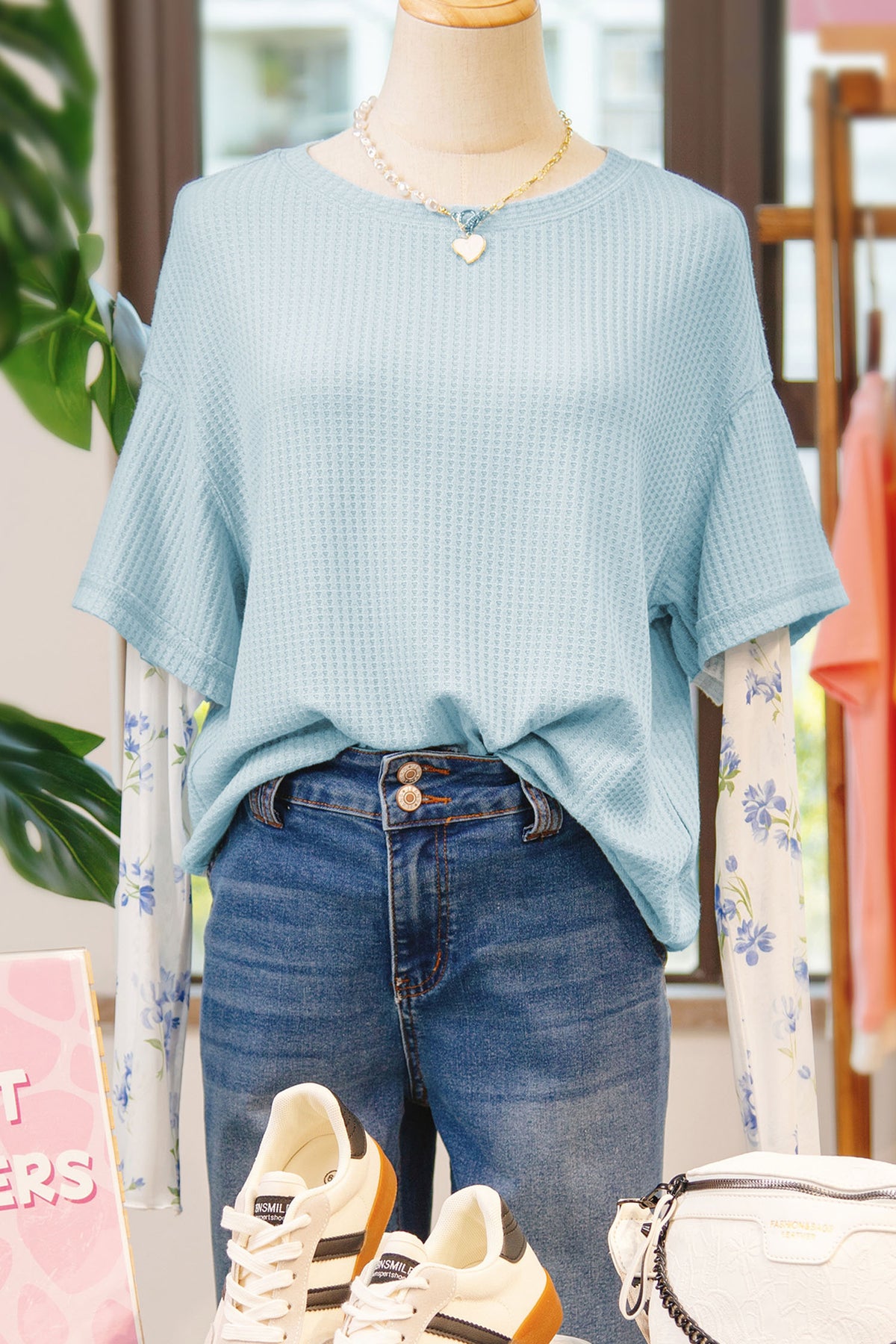 Beau Blue Floral Lace Sleeve Patchwork Waffle Faux Layered Top