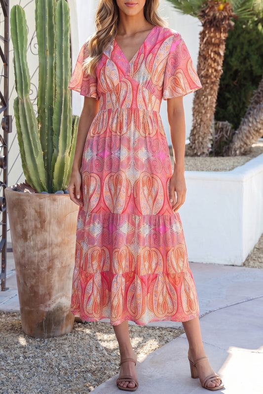 Multicolour Paisley Ruffle V-Neck Maxi Dress