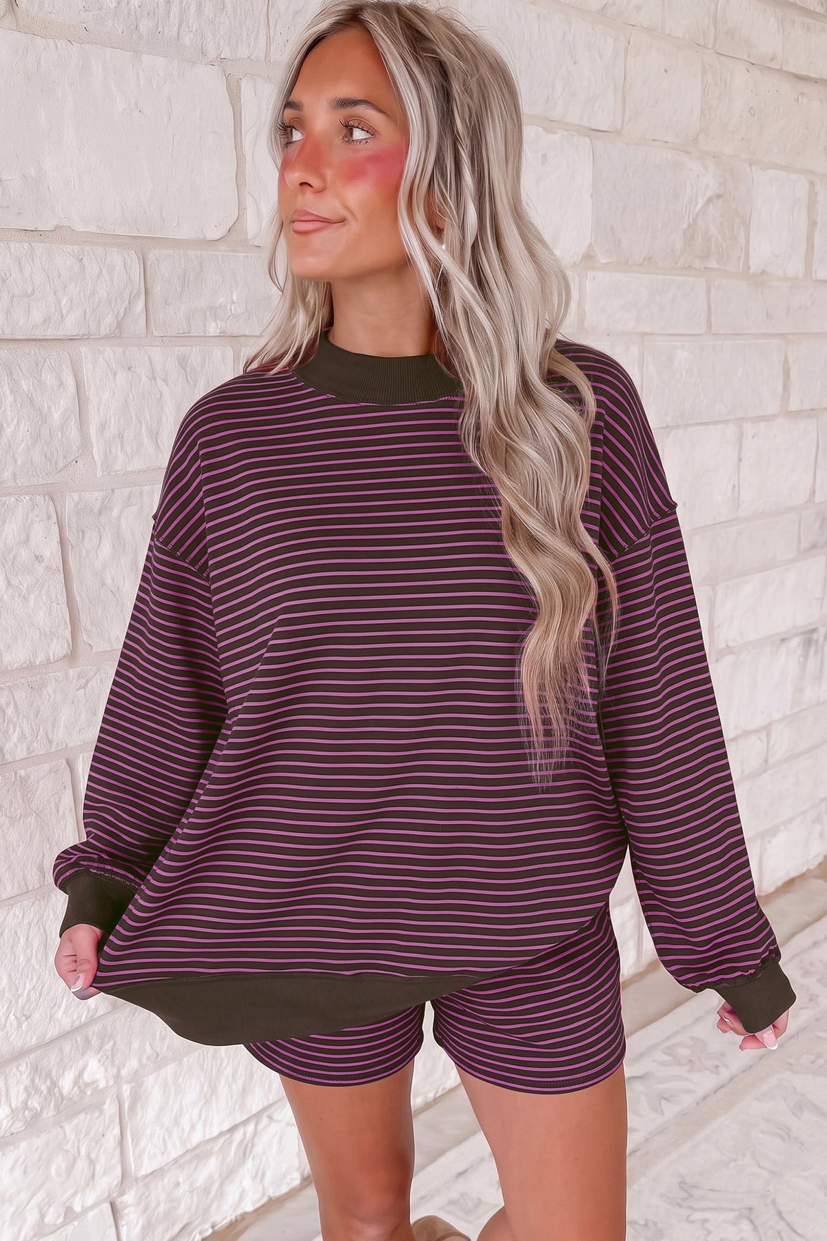 Women's Pink Stripe Ribbed Patchwork Mock Neck Baggy Pullover Matching Shorts Set