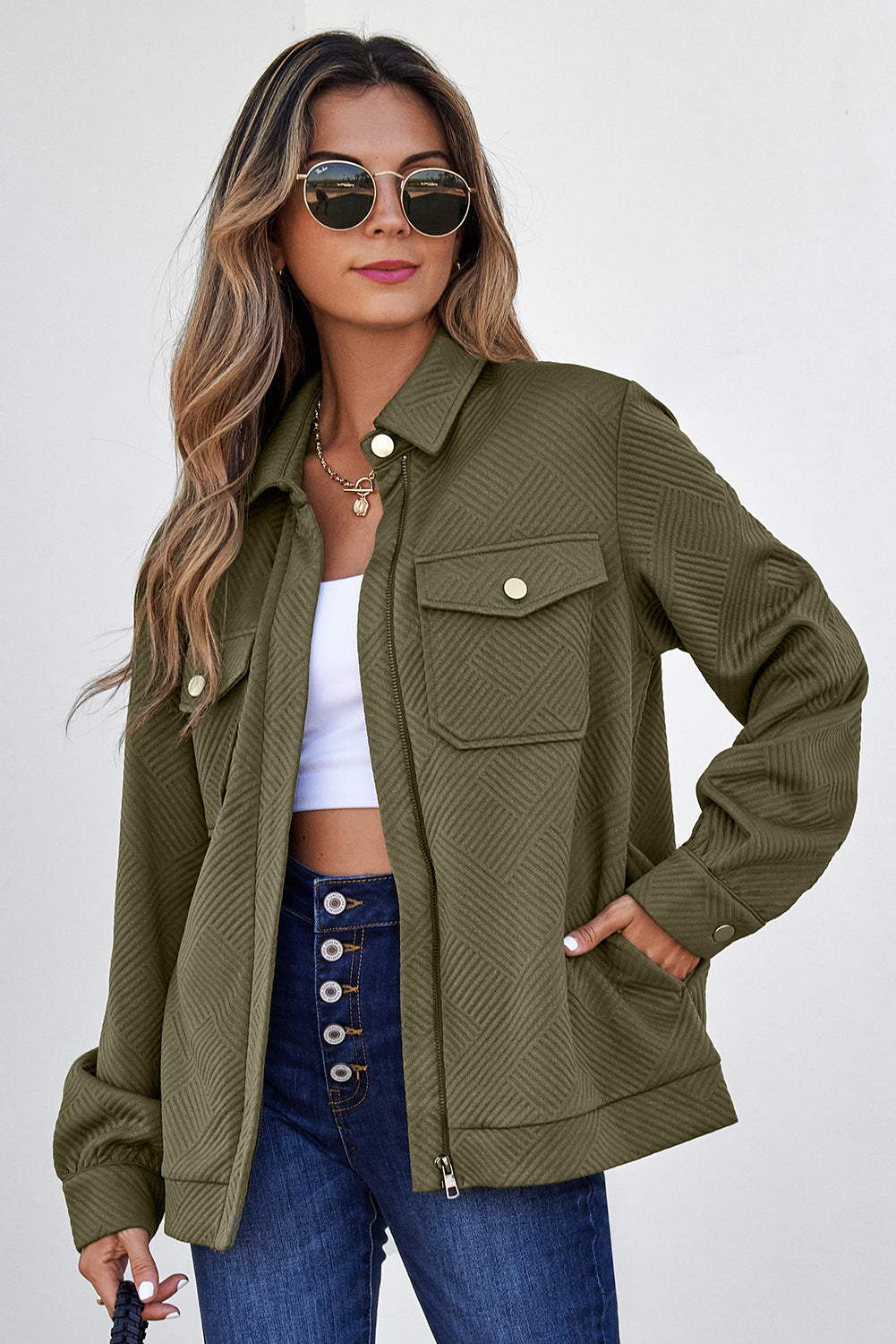 Blackish Green Zip Up Button Flap Pocket Shirt Collar Jacket