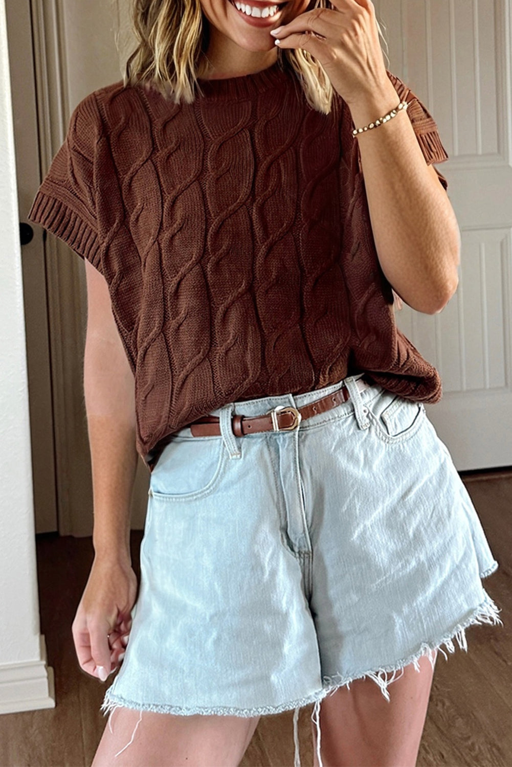 Dark Brown Cable Texture Crew Neck Short Sleeve Sweater Top