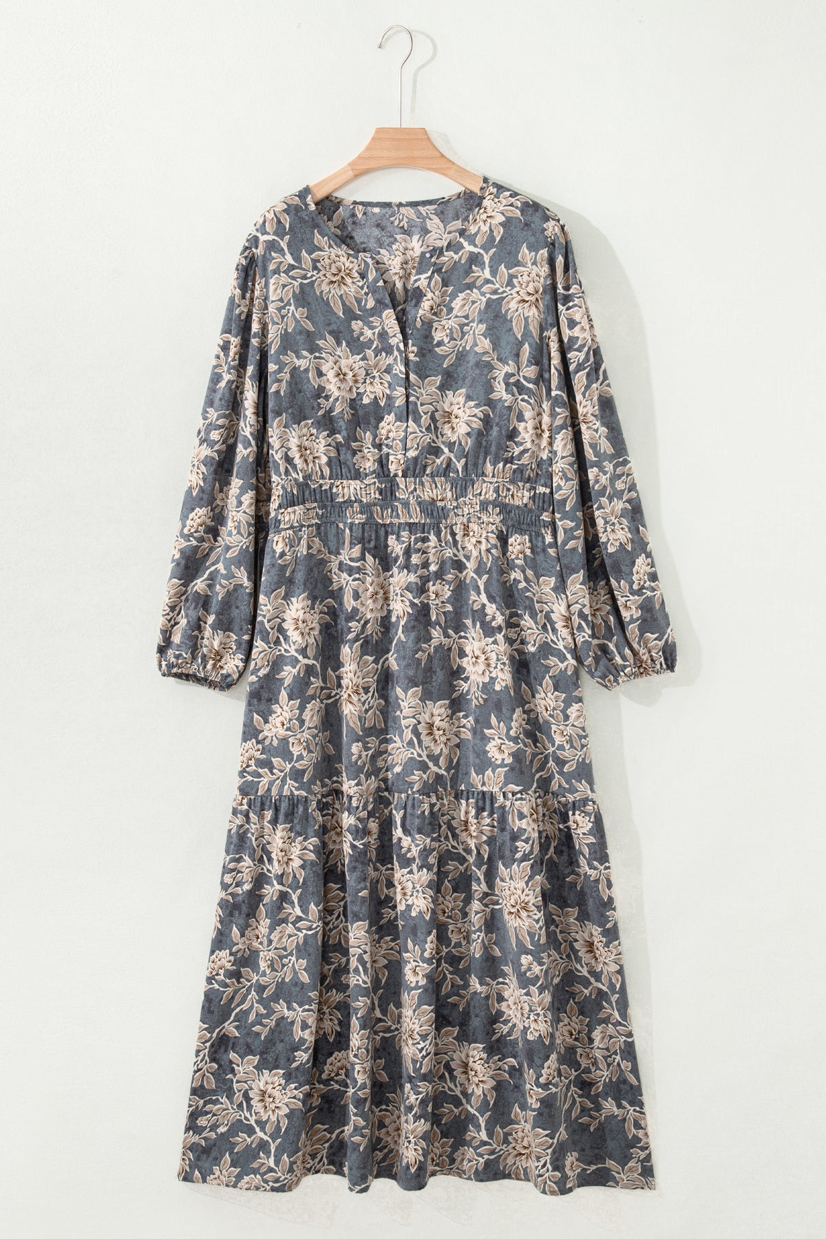 Sky Blue Plus Size Floral Print Split Neck Shirred High Waist Long-Sleeve Maxi Dress