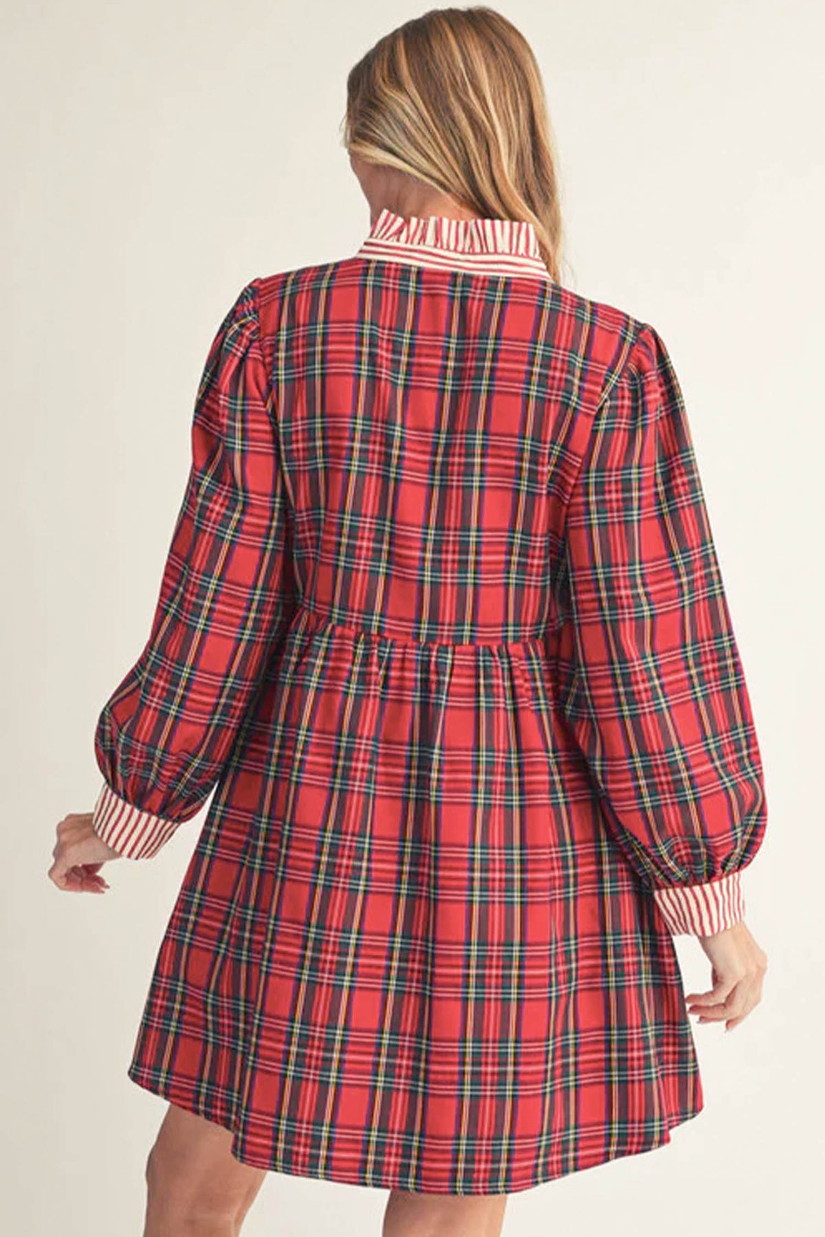 Red Plaid Striped V Neck Collar Cuff Shift Plus Size Dress