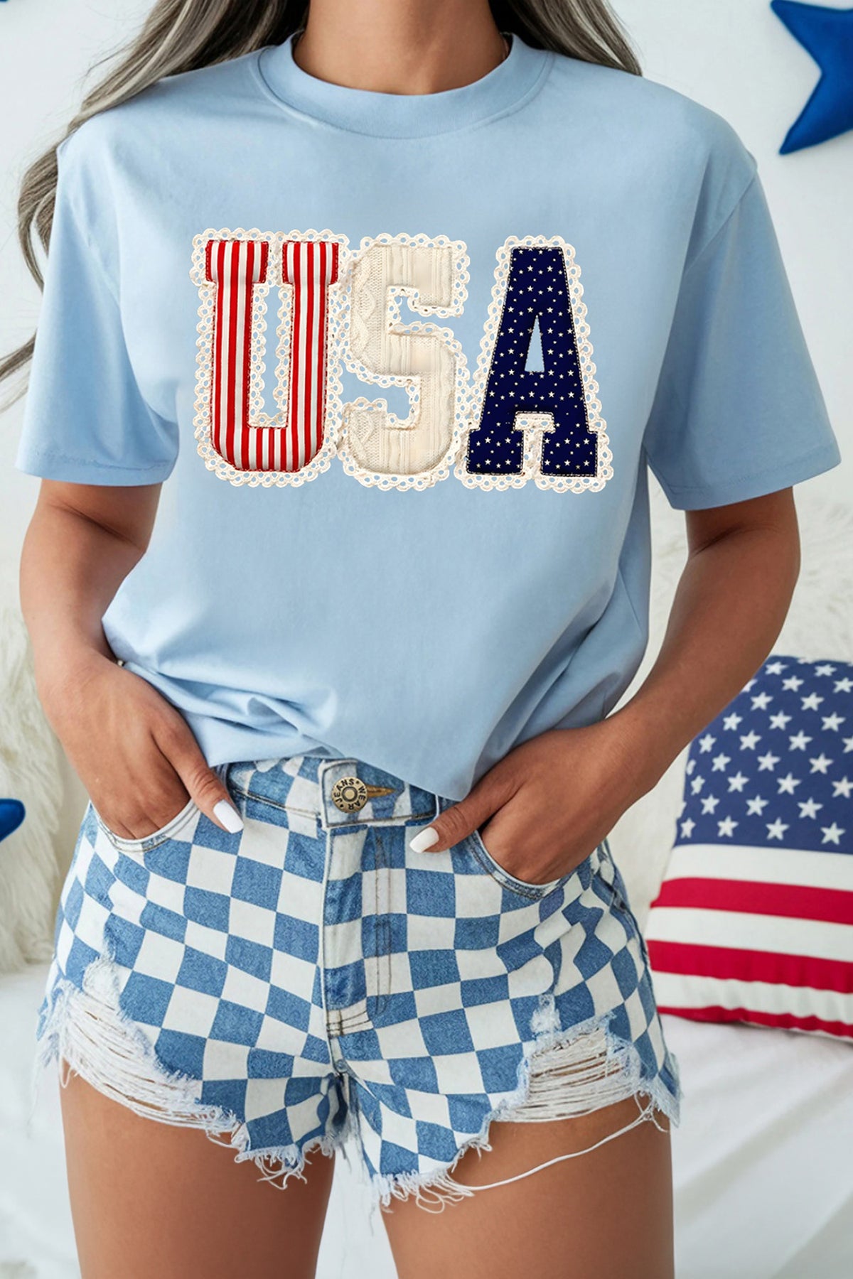 Light Blue USA Patriotic Printed T-Shirt