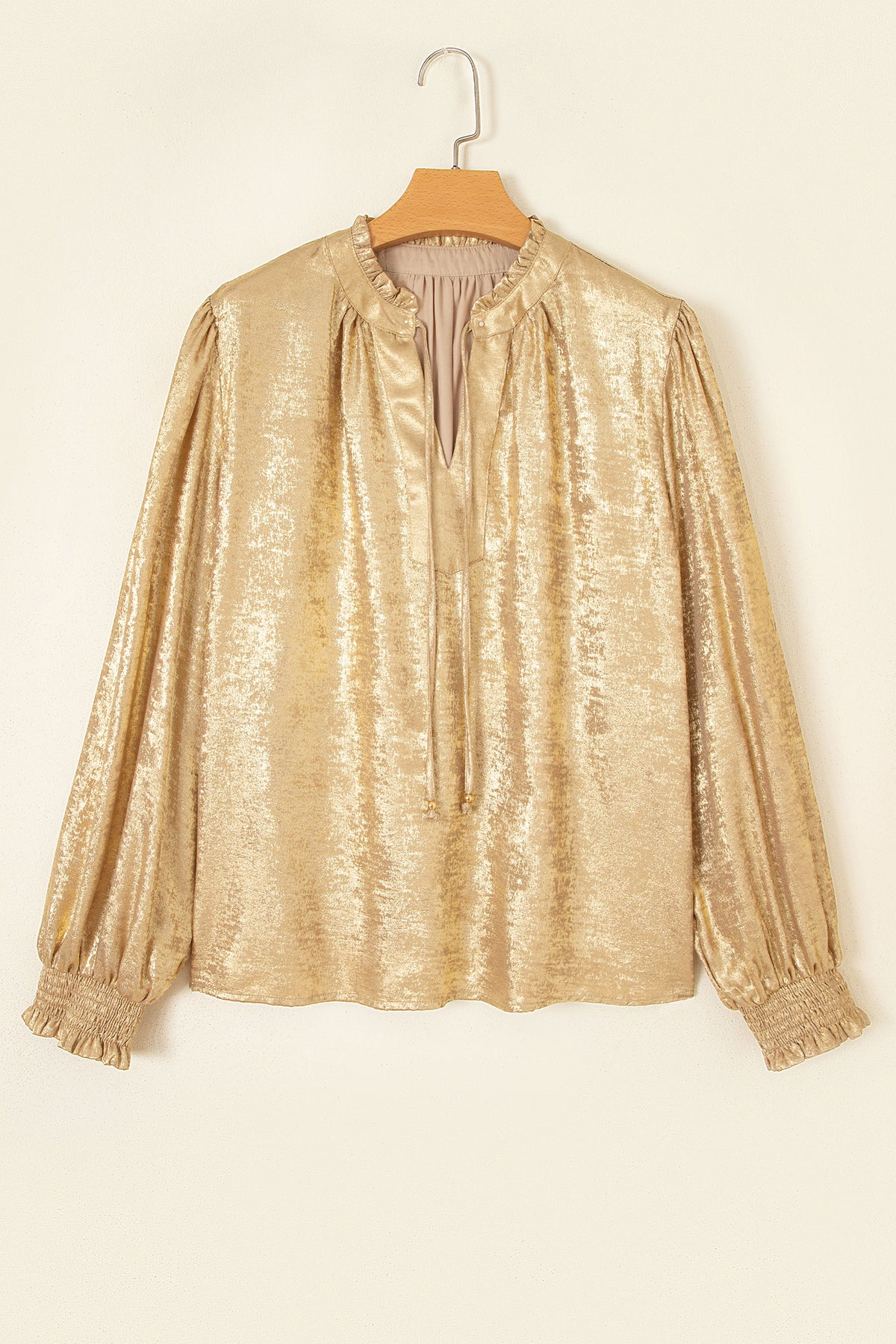 Gold Metallic Sheen V Neck Gathered Cuff Blouse