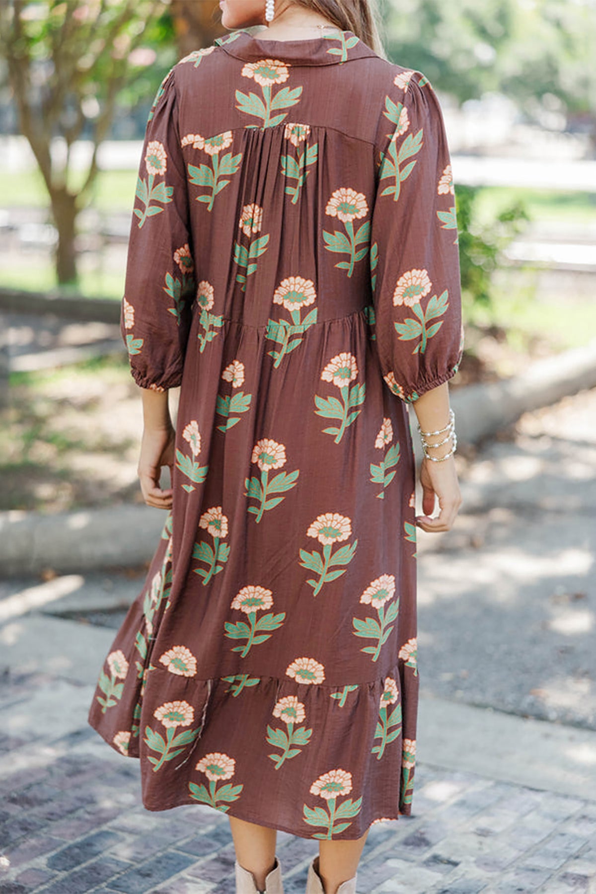 Brown Floral Print V-Neck Long-Sleeve Loose Shift Plus Size Dress