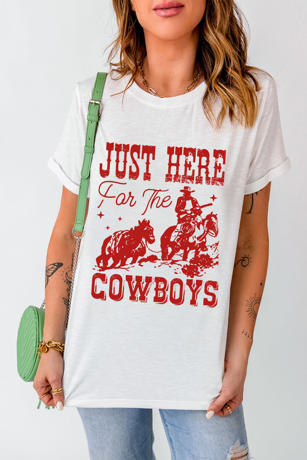 White JUST HERE For THE COWBOY Cuffed Sleeve Crew Neck T-Shirt
