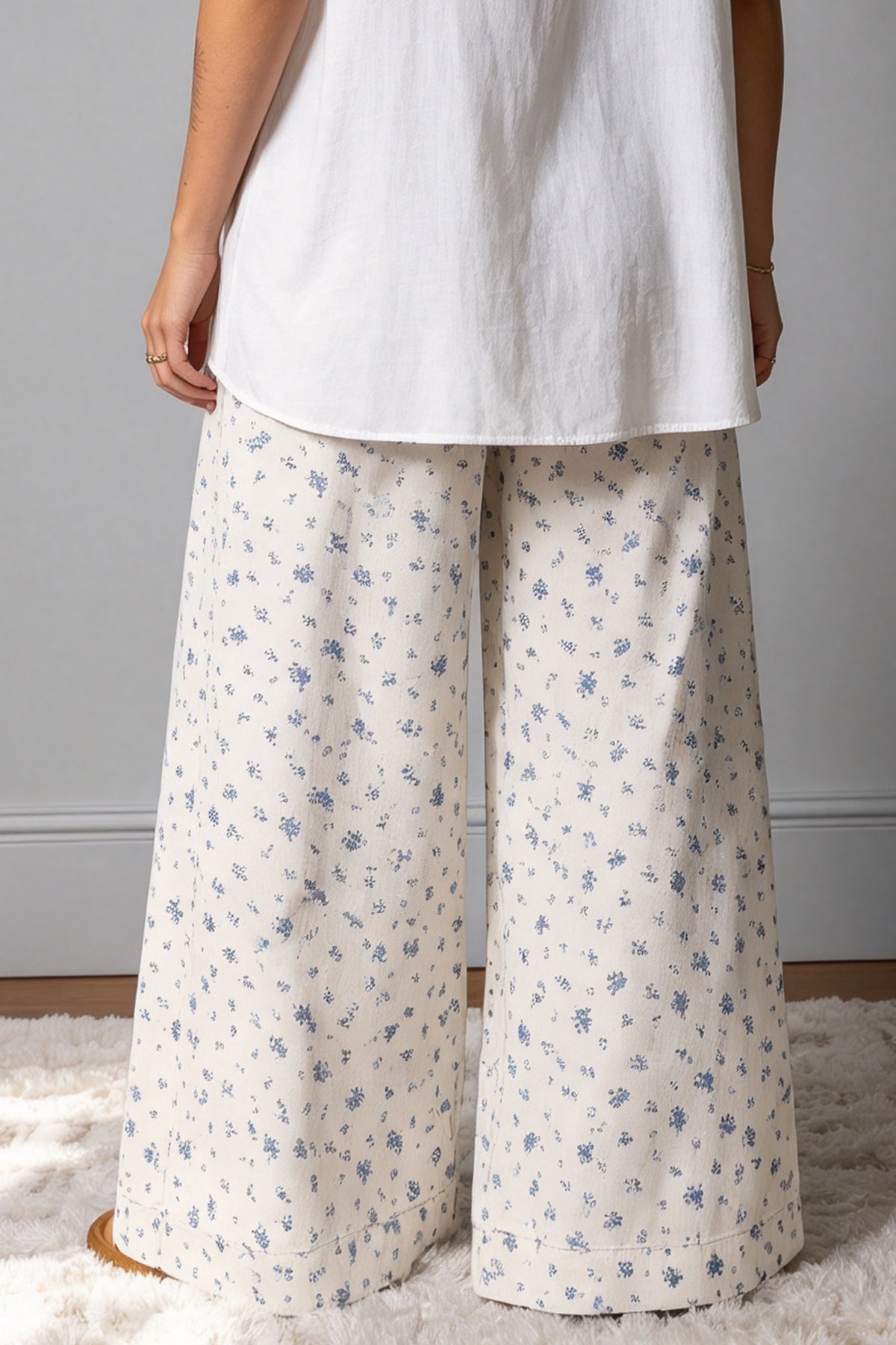 White Floral Pleated High Waist Wide Leg Jeans