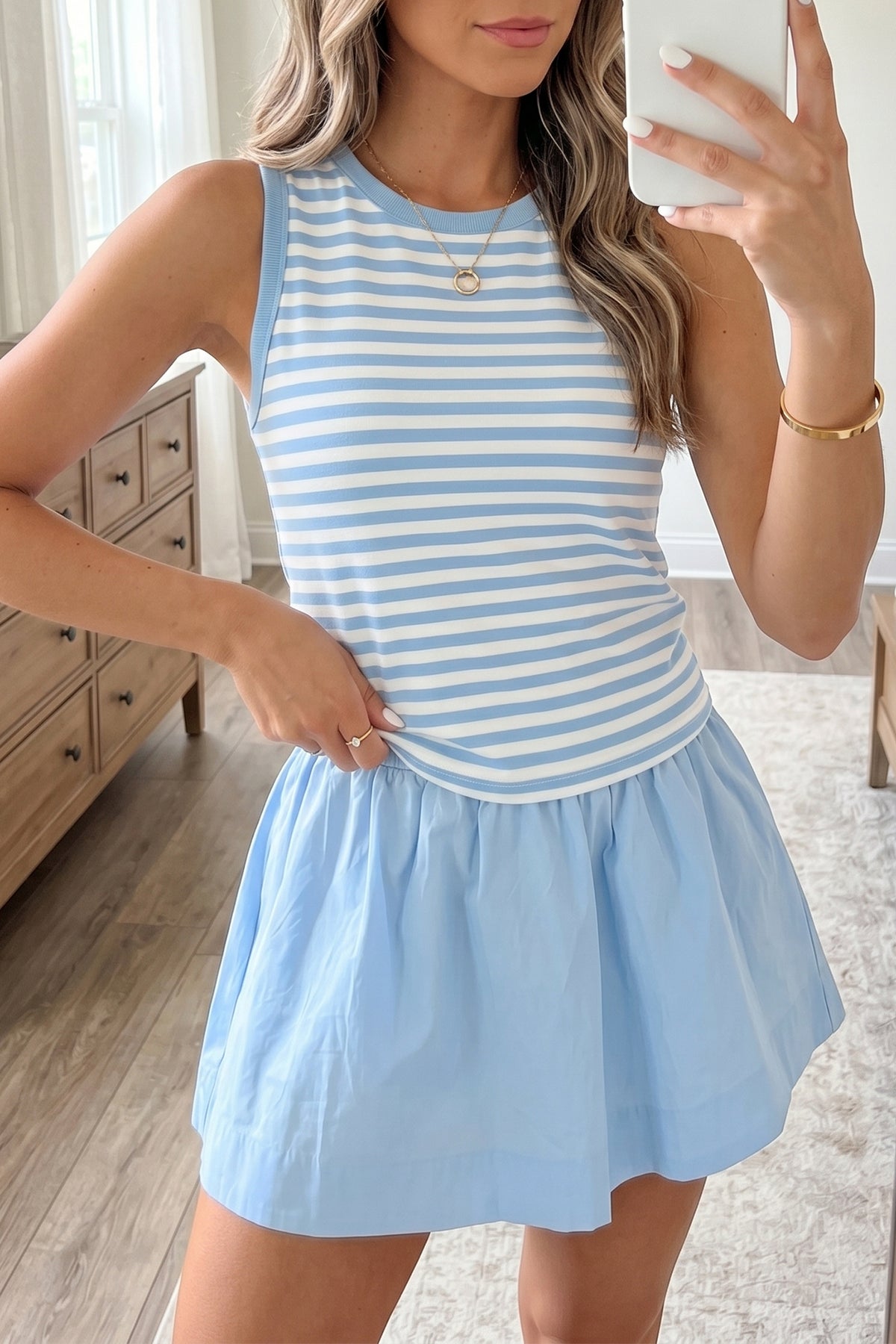 Women's Sky Blue Stripe Slim Tank Contrast Ruffle Mini Skort Set
