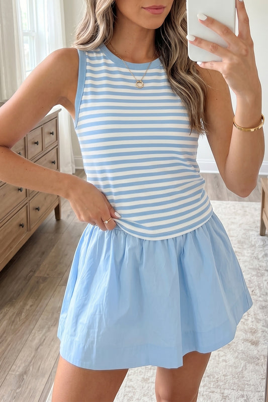 Women's Sky Blue Stripe Slim Tank Contrast Ruffle Mini Skort Set