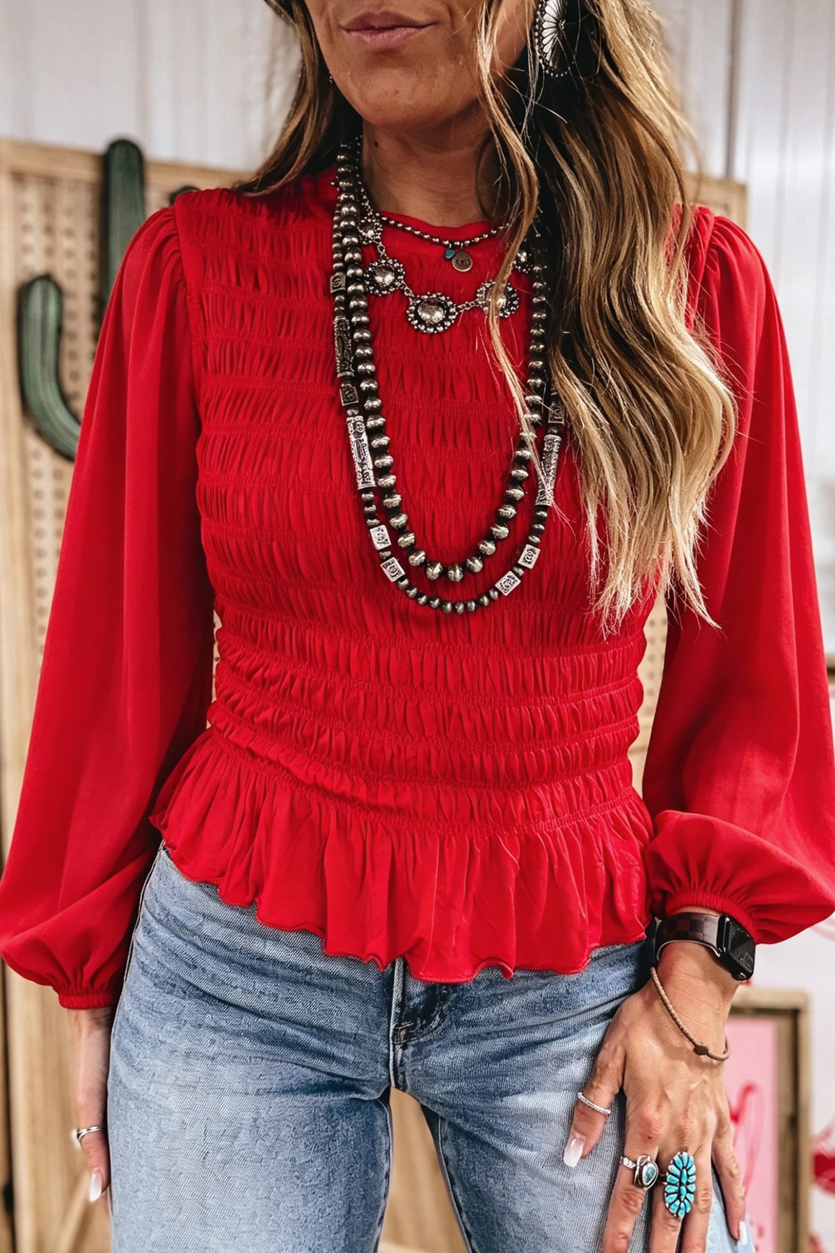 Coffee Solid Color Smocked Ruffle Hem Blouse