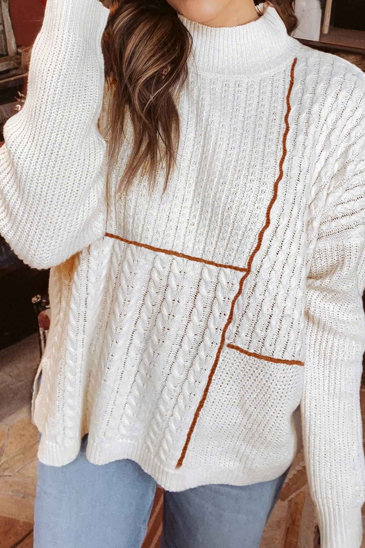 White Mix Texture Patchwork Contrast Stitch Mock Neck Sweater
