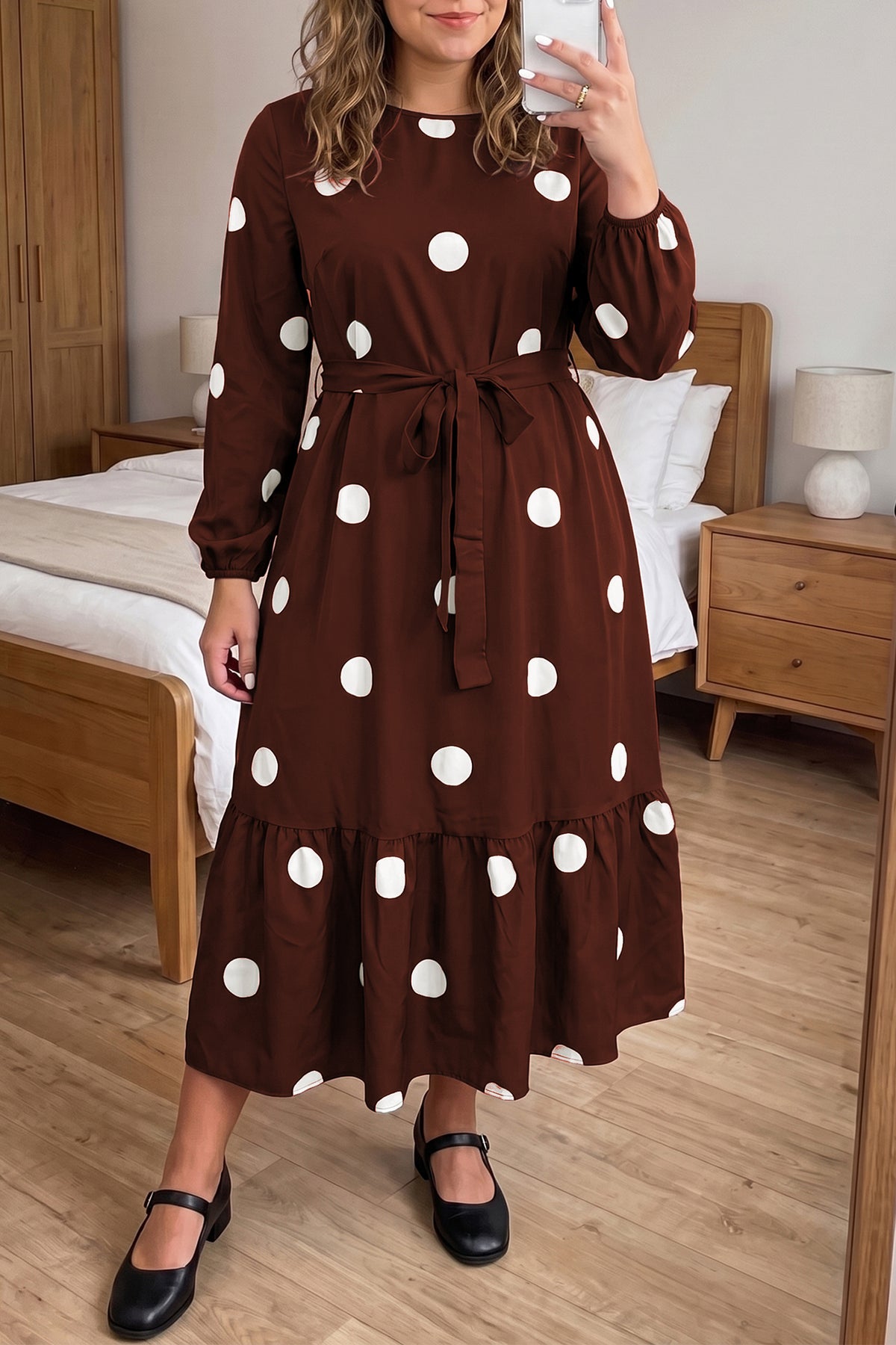 Brown Polka Dot Ruffled Hem Long-Sleeve Tie-Waist Plus Size Dress