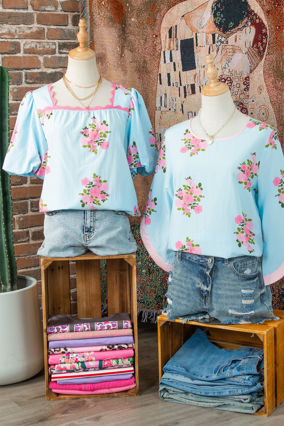 Sky Blue Floral Contrast Ricrac Detail Bubble Sleeve Blouse