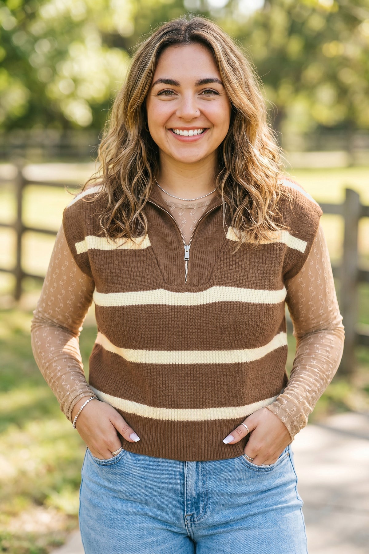 Brown Stripe Striped Colorblock V Neck Tunic Sweater T-shirt