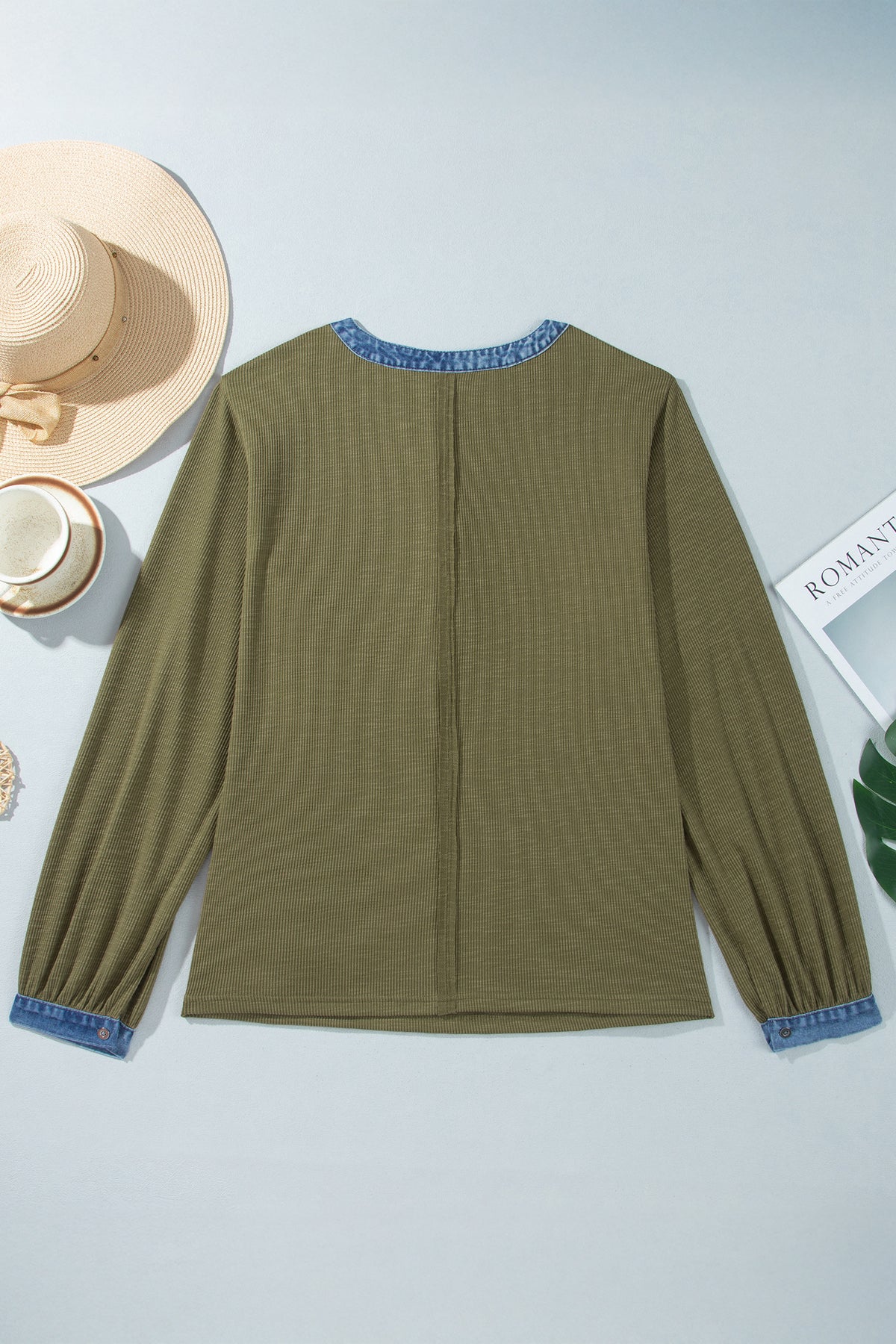 Four Leaf Clover Ribbed Knit Denim Accents V Neck Long Sleeve Oversized Fit Plus Size Blouse
