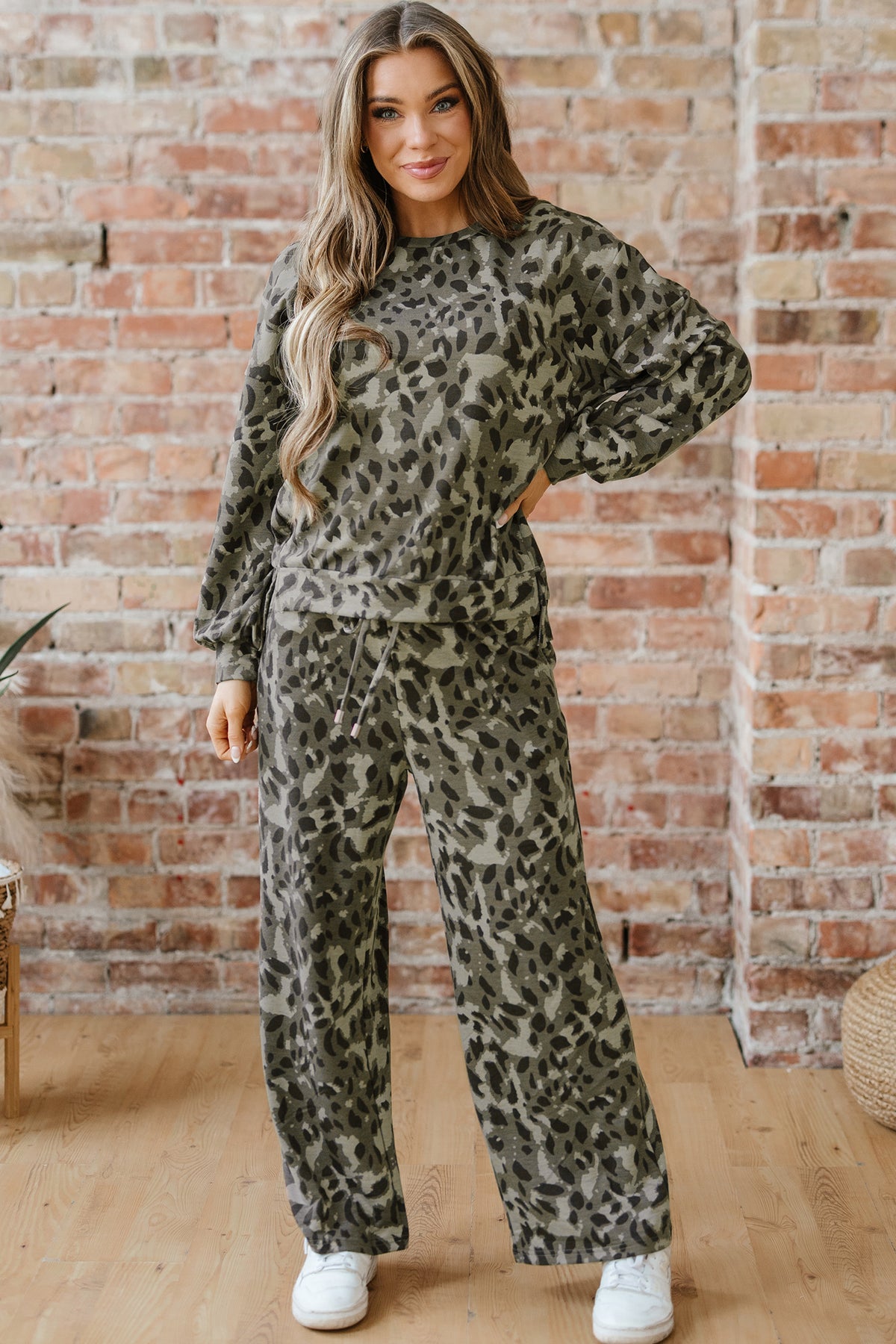Women's Brown Leopard Print Raw Seam Patchwork Pullover Pants Two-Piece Set