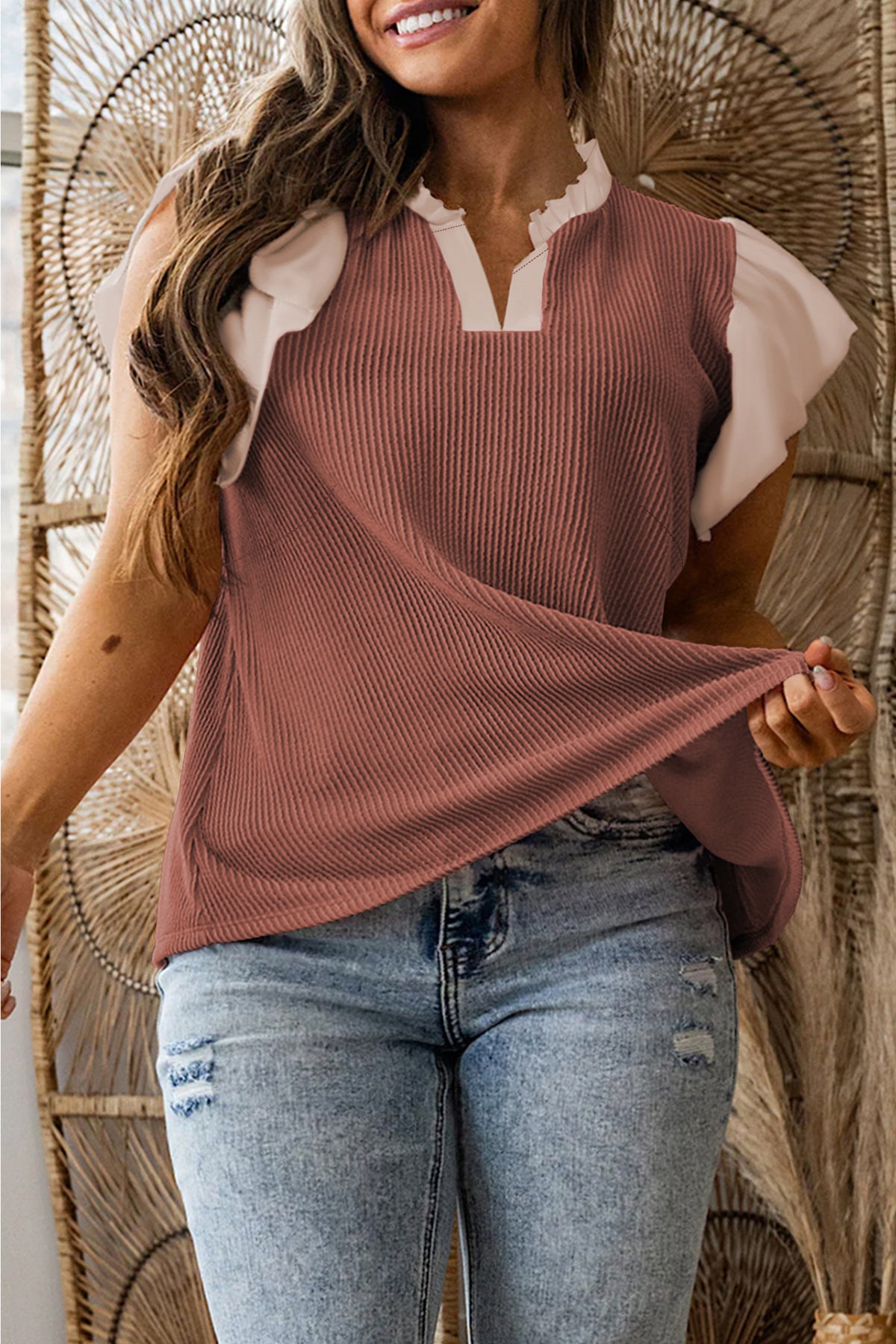 Vineyard Green Plus Size Contrast Frilled Neckline Ruffled Short-Sleeve Ribbed Textured Blouse