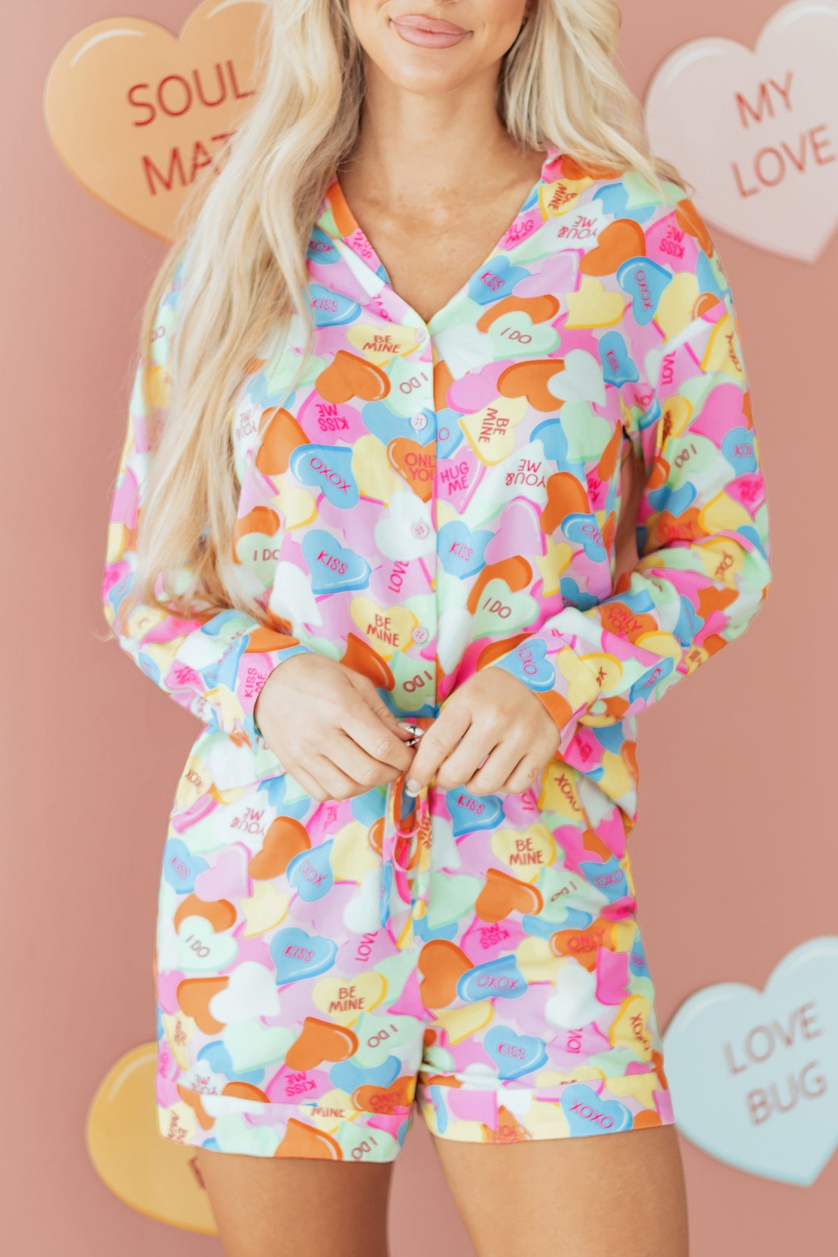 Pink Candy Heart V Neck Tunic Shirt and Shorts Pajama Set