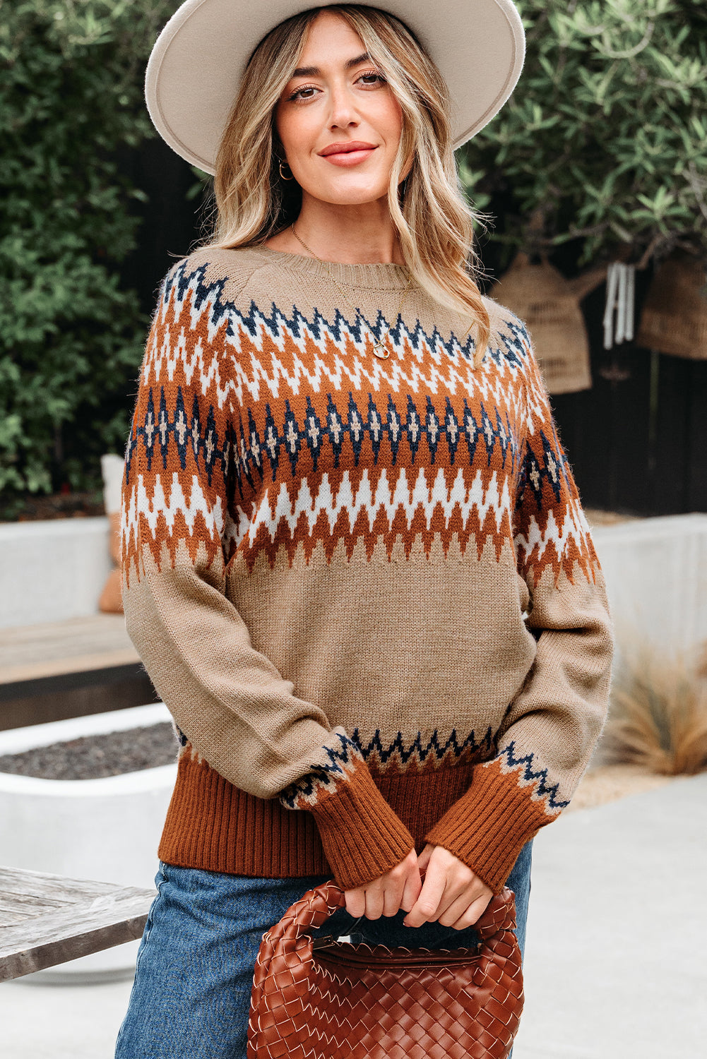 Khaki Aztec Print Colorblock Crew Neck Sweater