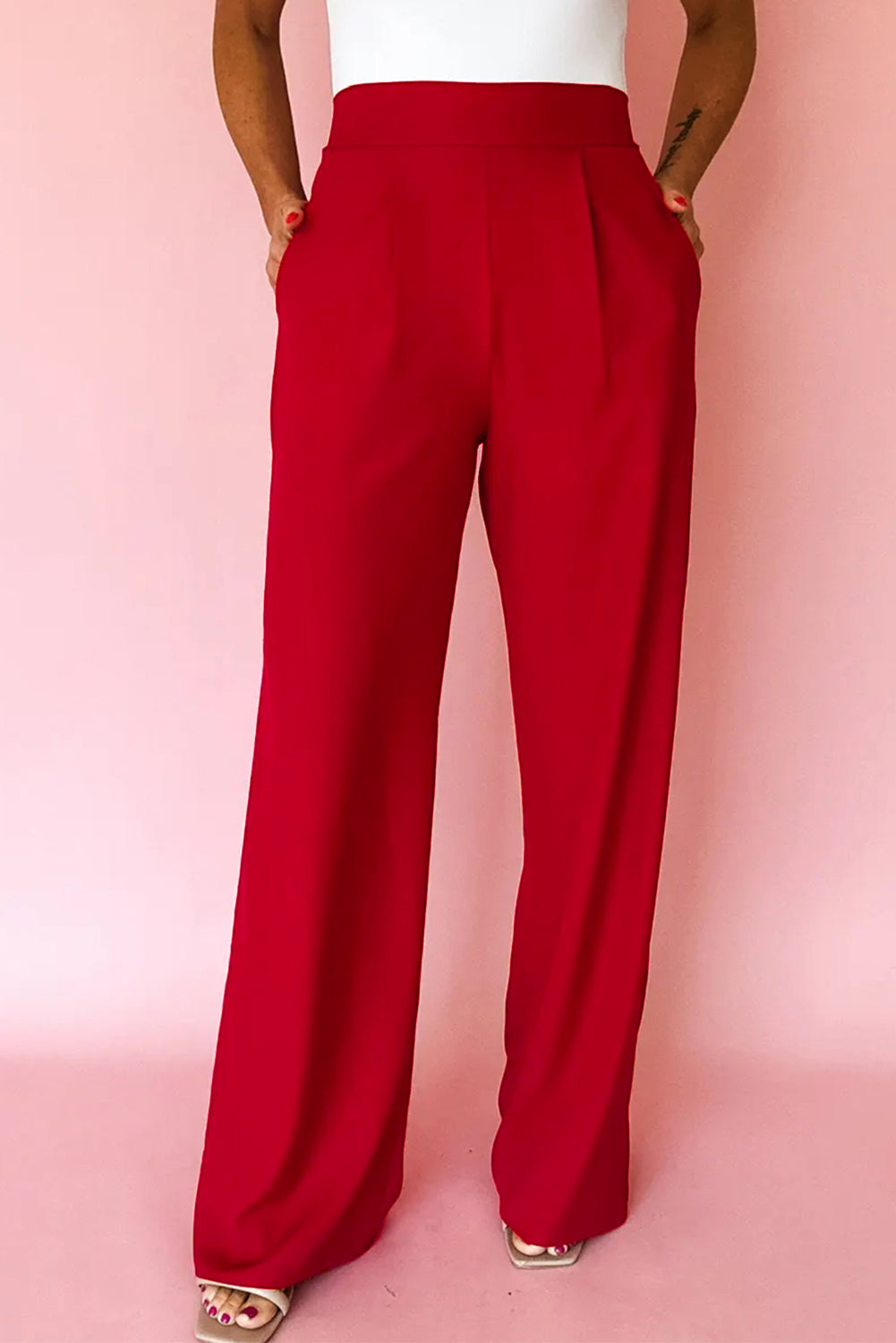 Fiery Red Pleated Pull On High Elastic Waist Loose Straight Pants