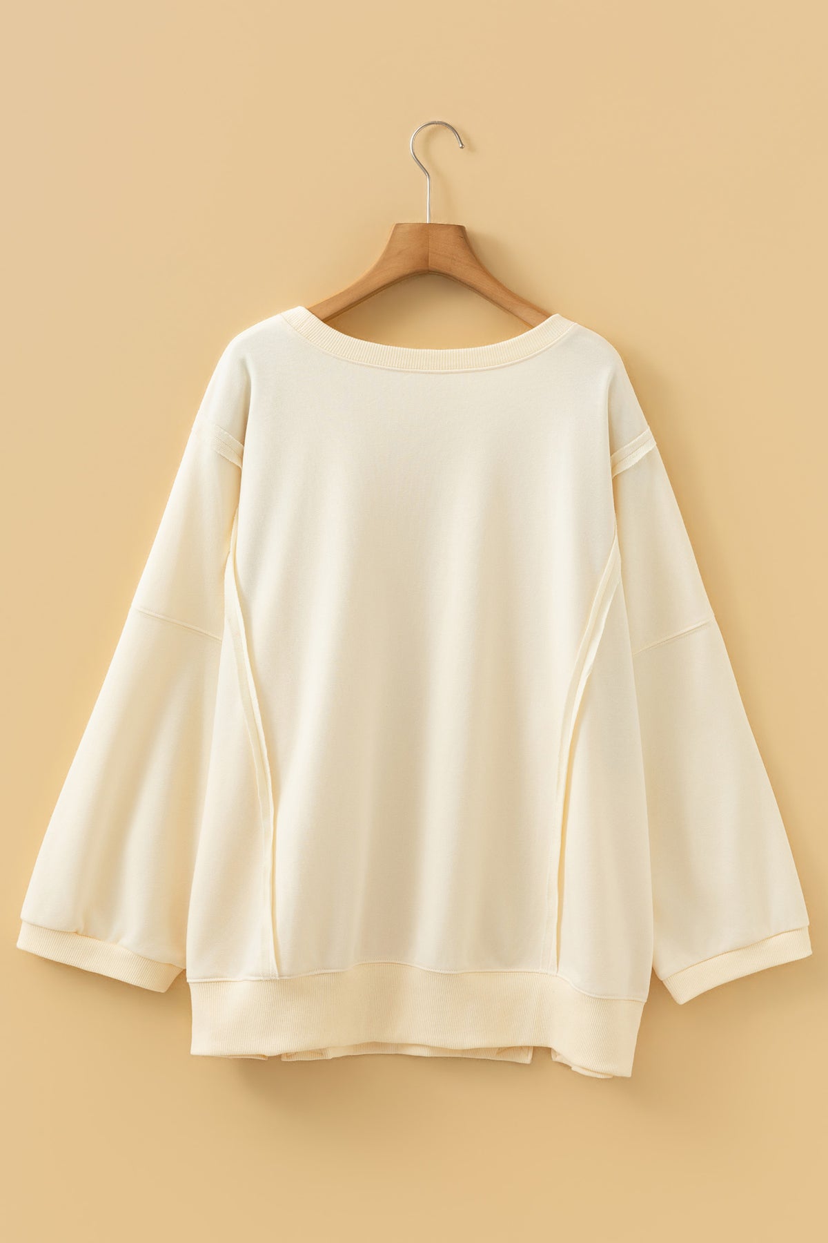 Beige Plus Size Raw-Seam Detail Floral Bow Patched Relaxed Pullover