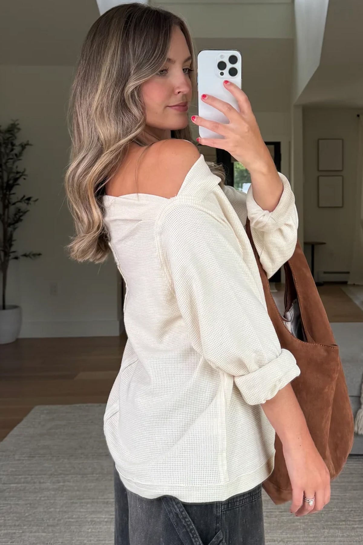 Beige Solid Color Waffle Knit Asymmetric Neck Long Sleeve Top