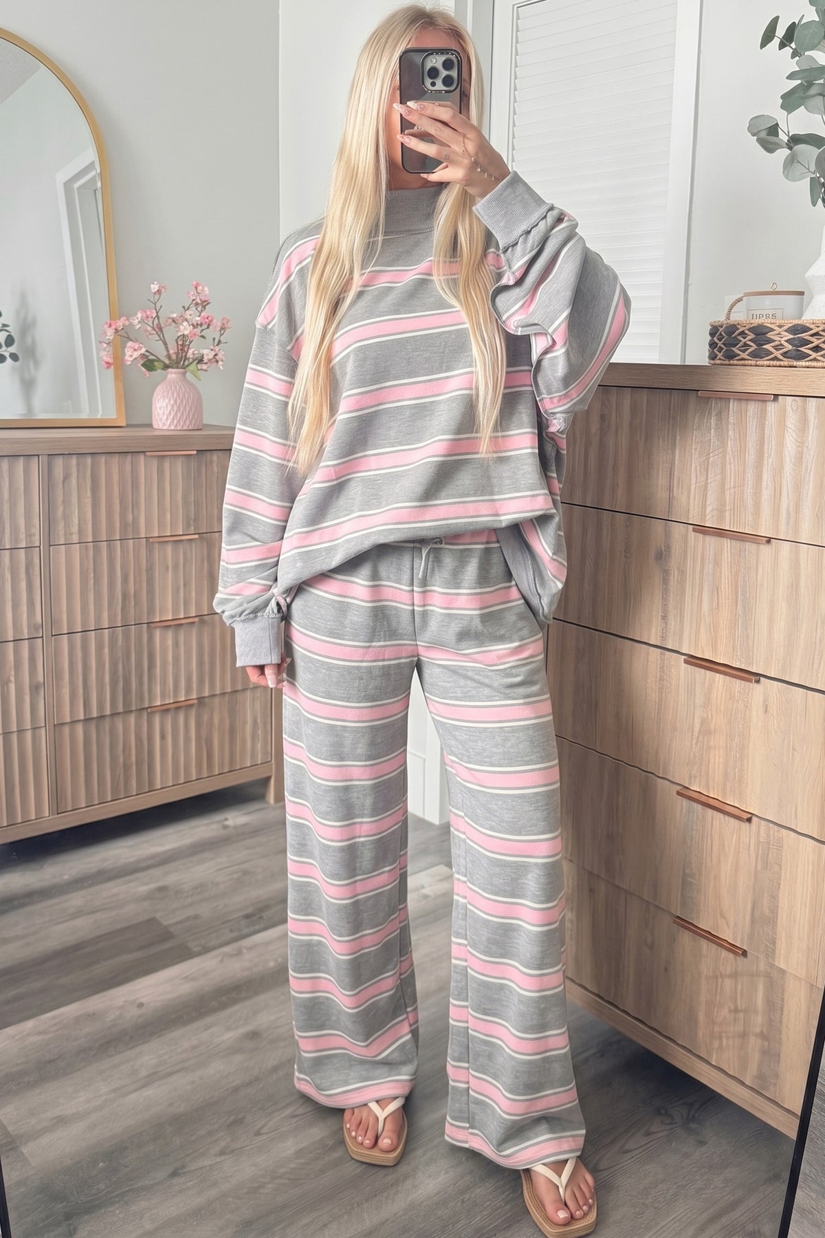 Pink Stripe Mock Neck Top and Loose Pants Set