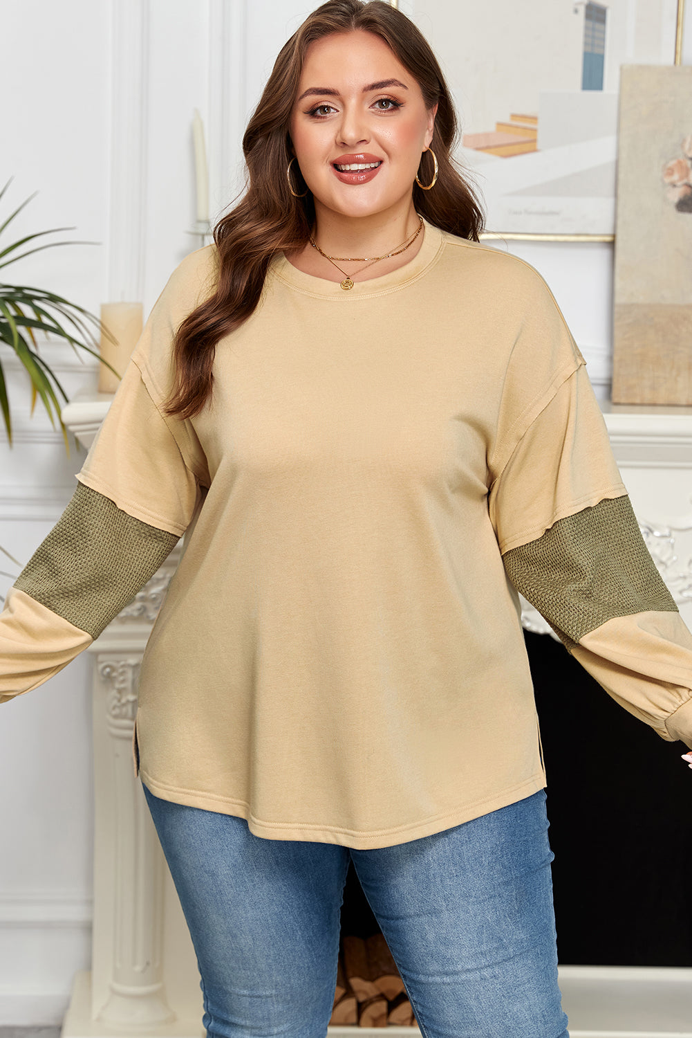 Laurel Green Exposed Seam Contrast Texture Patchwork Plus Size Drop-Shoulder Pullover