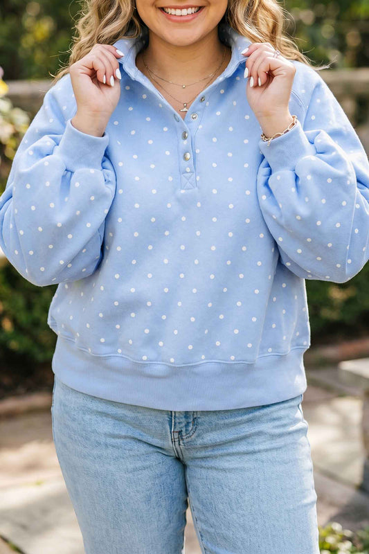Sky Blue Polka Dot V Neck Metal Button Plus Size Sweatshirt