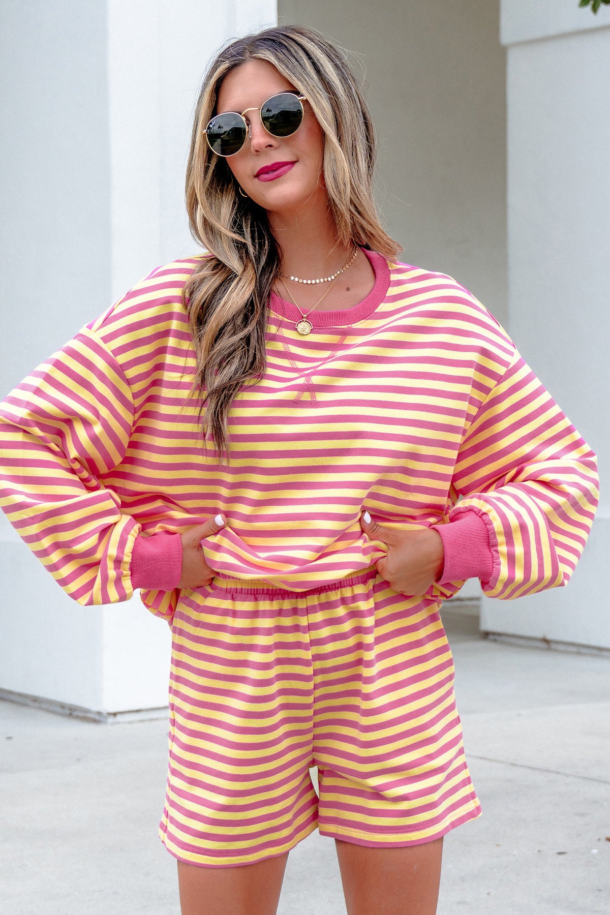 Women's Yellow Stripe Color Block Trim Round Neck Long-Sleeve Top Casual Shorts Two-Piece Set