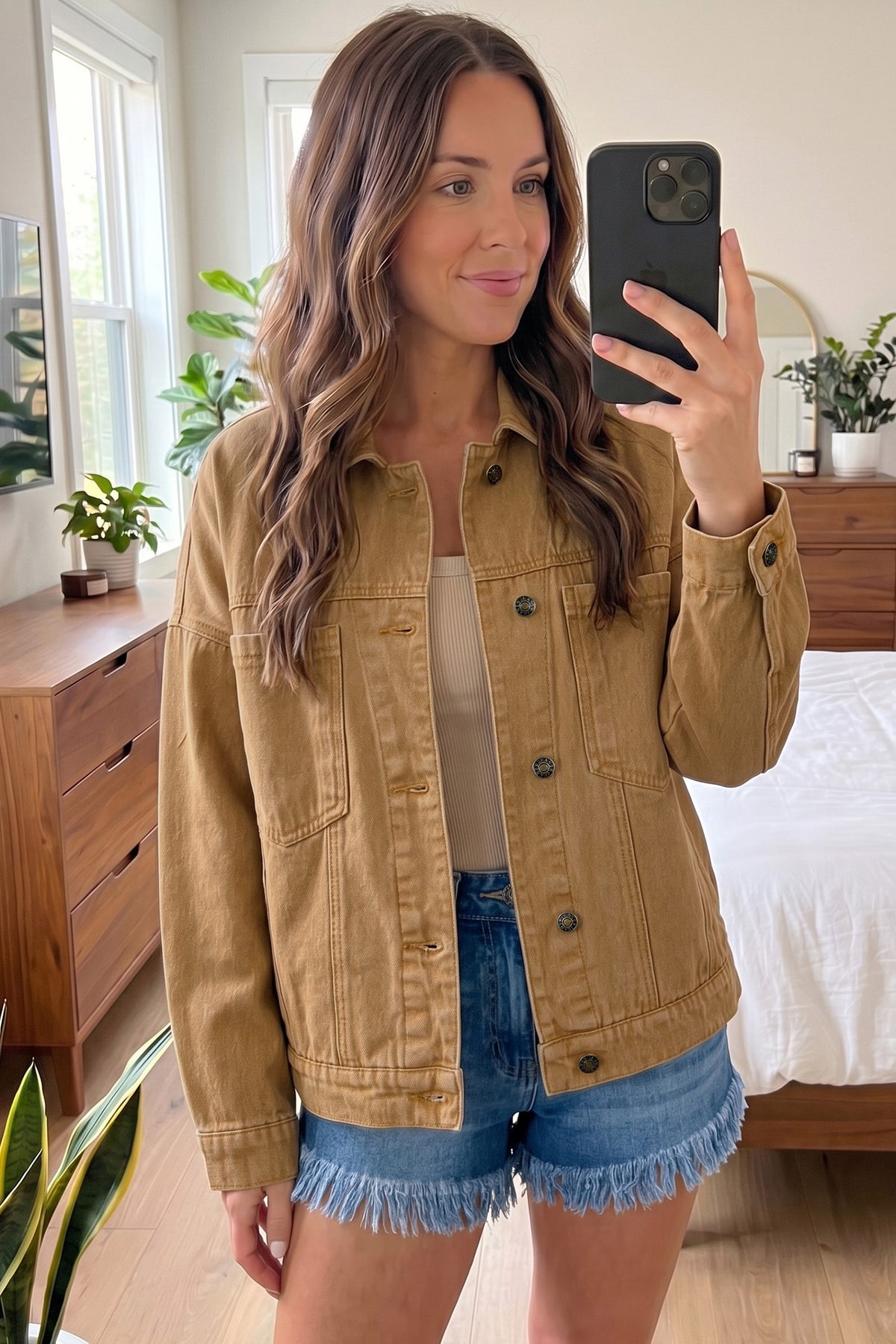 Honey Gold Metal Button Front Long Sleeve Collar Denim Jacket