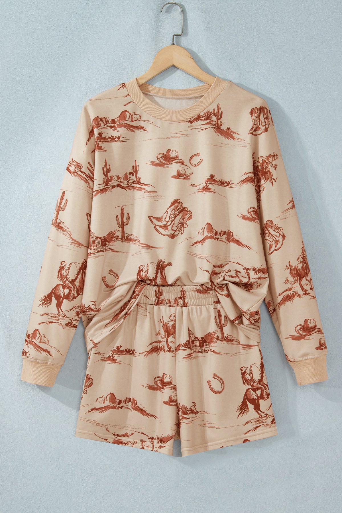 Women's Beige Western Print Loose Fit Long-Sleeve Top Shorts Set