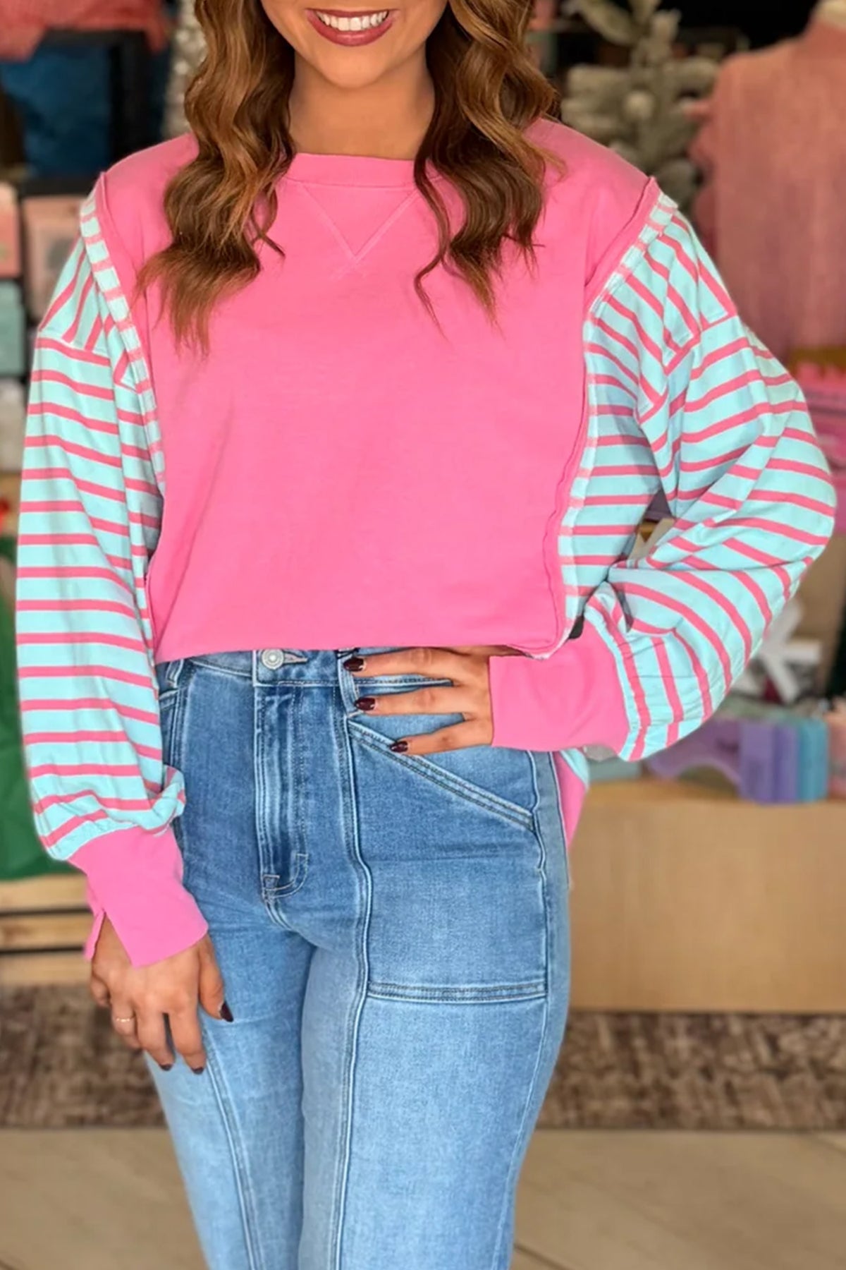 Rose Stripe Color Block Patchwork Split Top