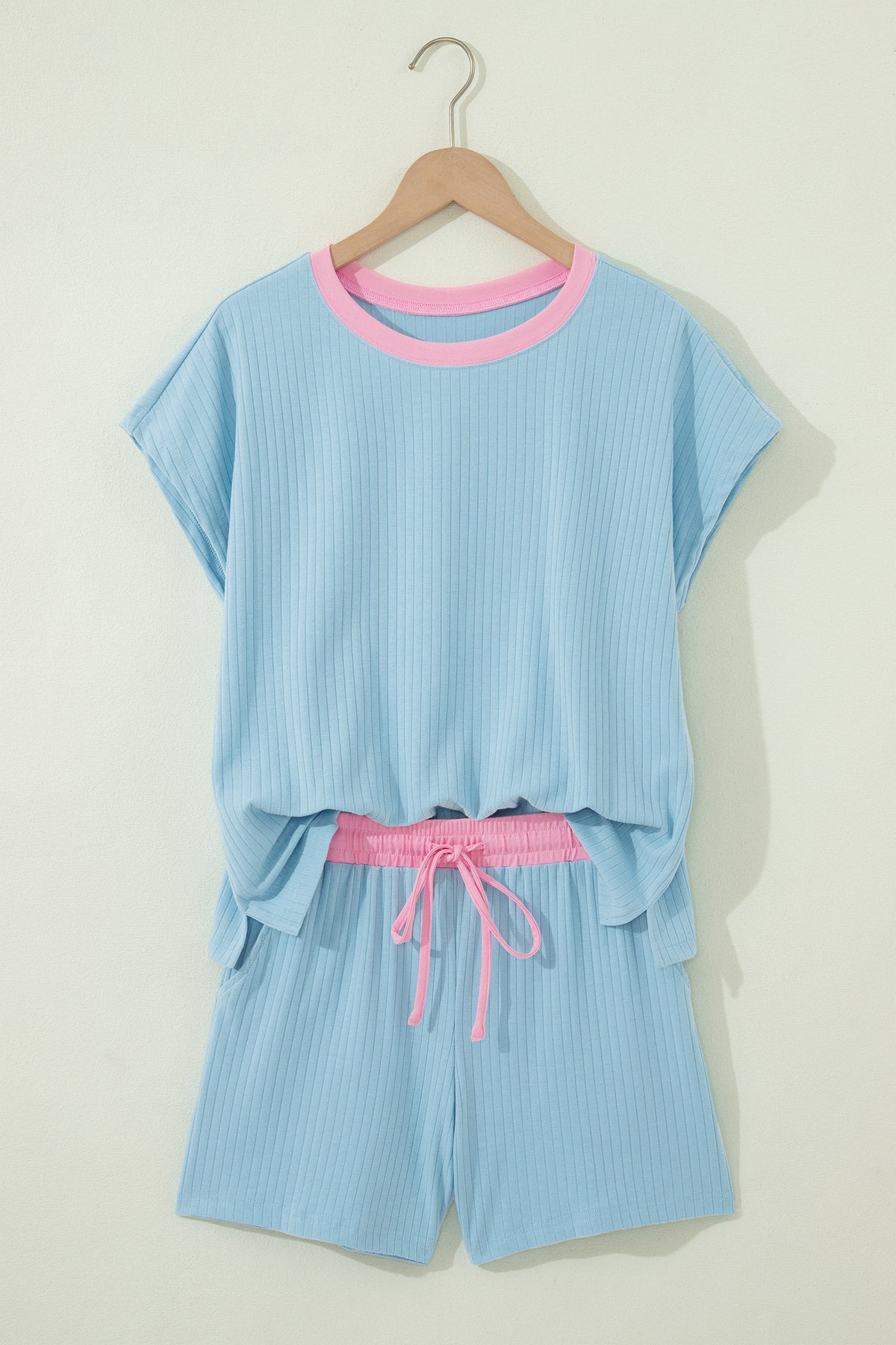 Women's Mist Blue Soft Ribbed Color Block Trim Casual Shorts Set