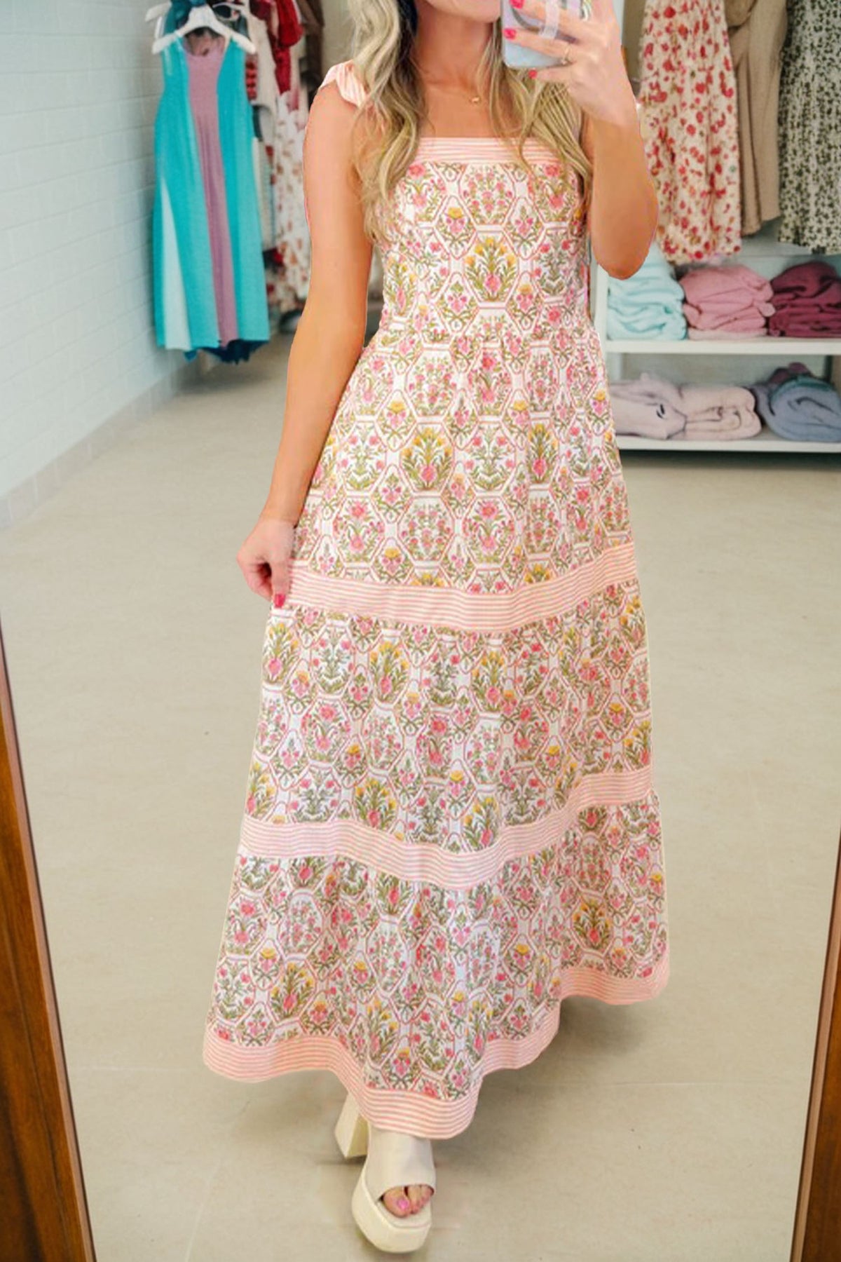 Green Geometric Floral Striped Patchwork Sleeveless Dress Runs Small