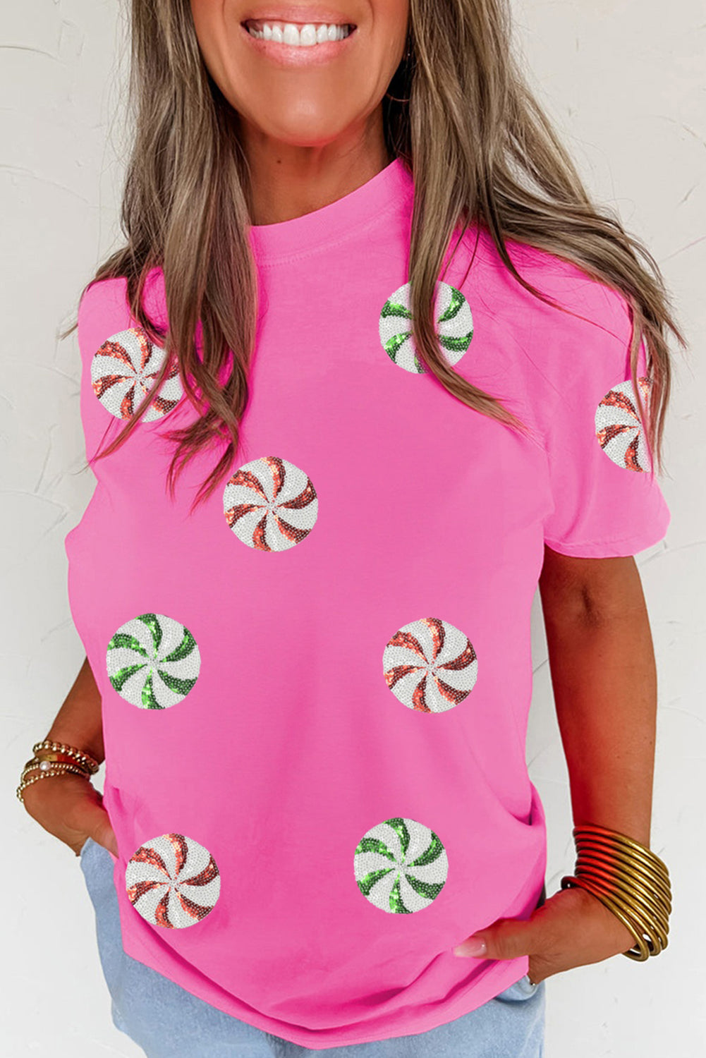 Sachet Pink Sequined Peppermint Pattern Christmas Custom T-Shirt